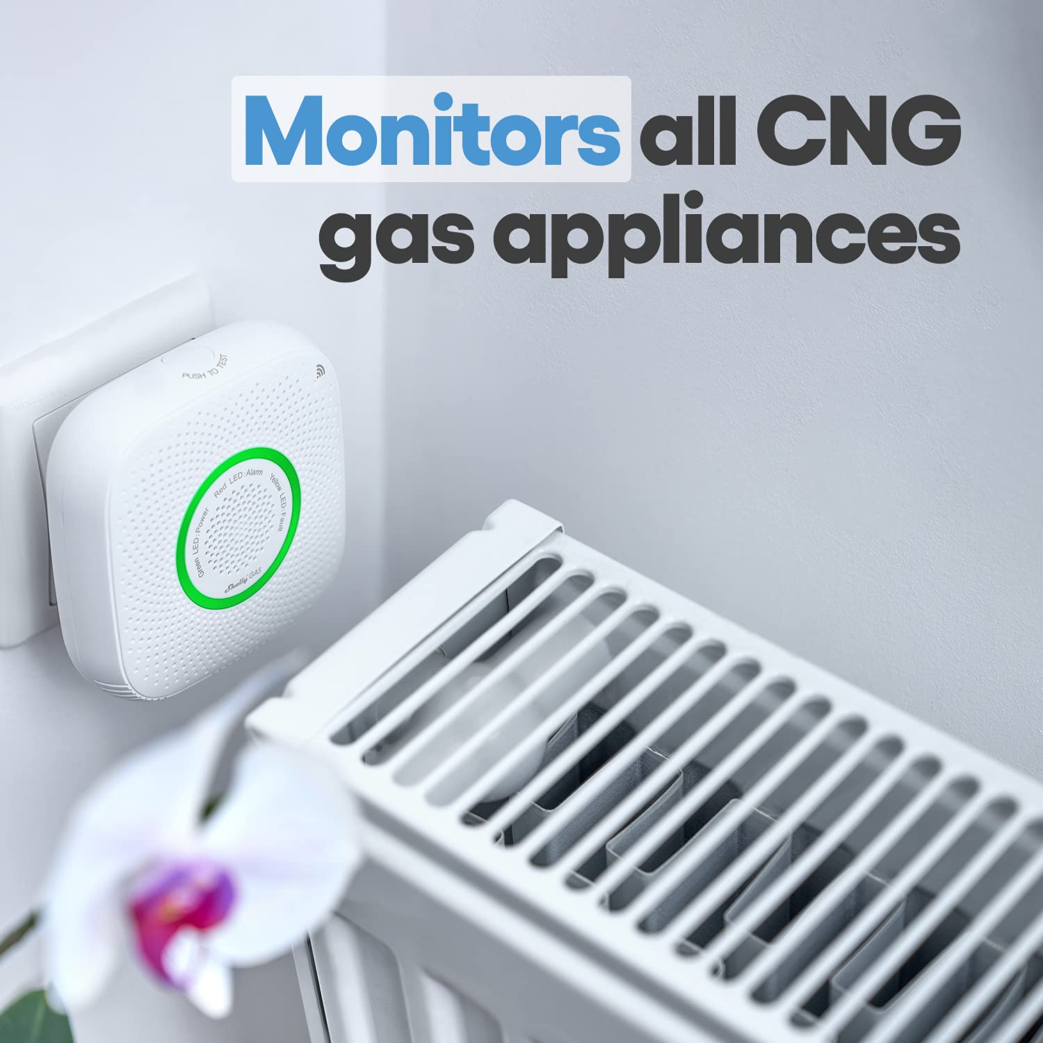Shelly GAS (CNG), Inteligentny Wykrywacz Wycieków Gazu Wi-Fi, Natychmiastowe Alerty Dźwiękowe i Świetlne, Odporny na Płomienie, Bezprzewodowy, Alerty Aplikacji, Wyjście Zaworu, Bezpieczeństwo Domowe