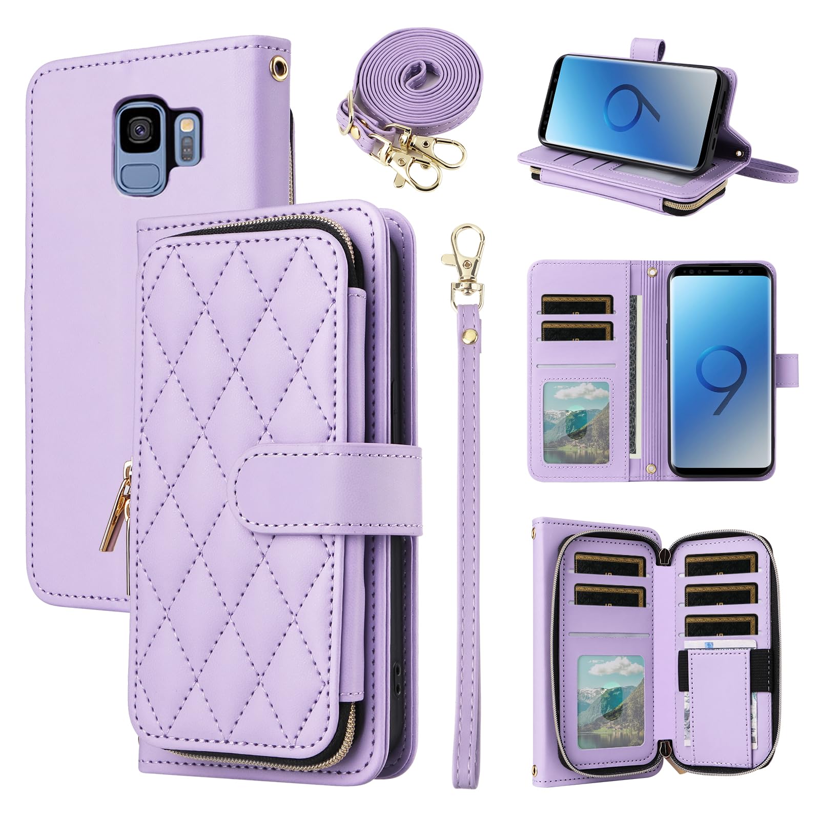 Furiet Wallet Case for Samsung Galaxy S9 with Detachable Wrist Strap, Crossbody Shoulder Strap, 9+ Card Slots Zipper Purse, Luxury PU Leather Stand