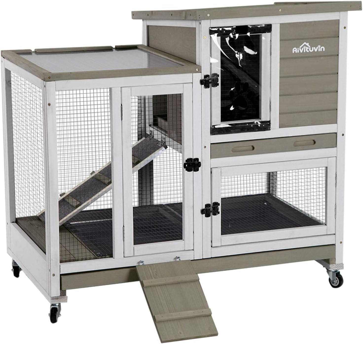 Aivituvin Upgrade Rabbit Cage Indoor Bunny Hutch with Run with Two Deeper No Leak Trays - 4 Casters Include for Outdoor (Mocca)