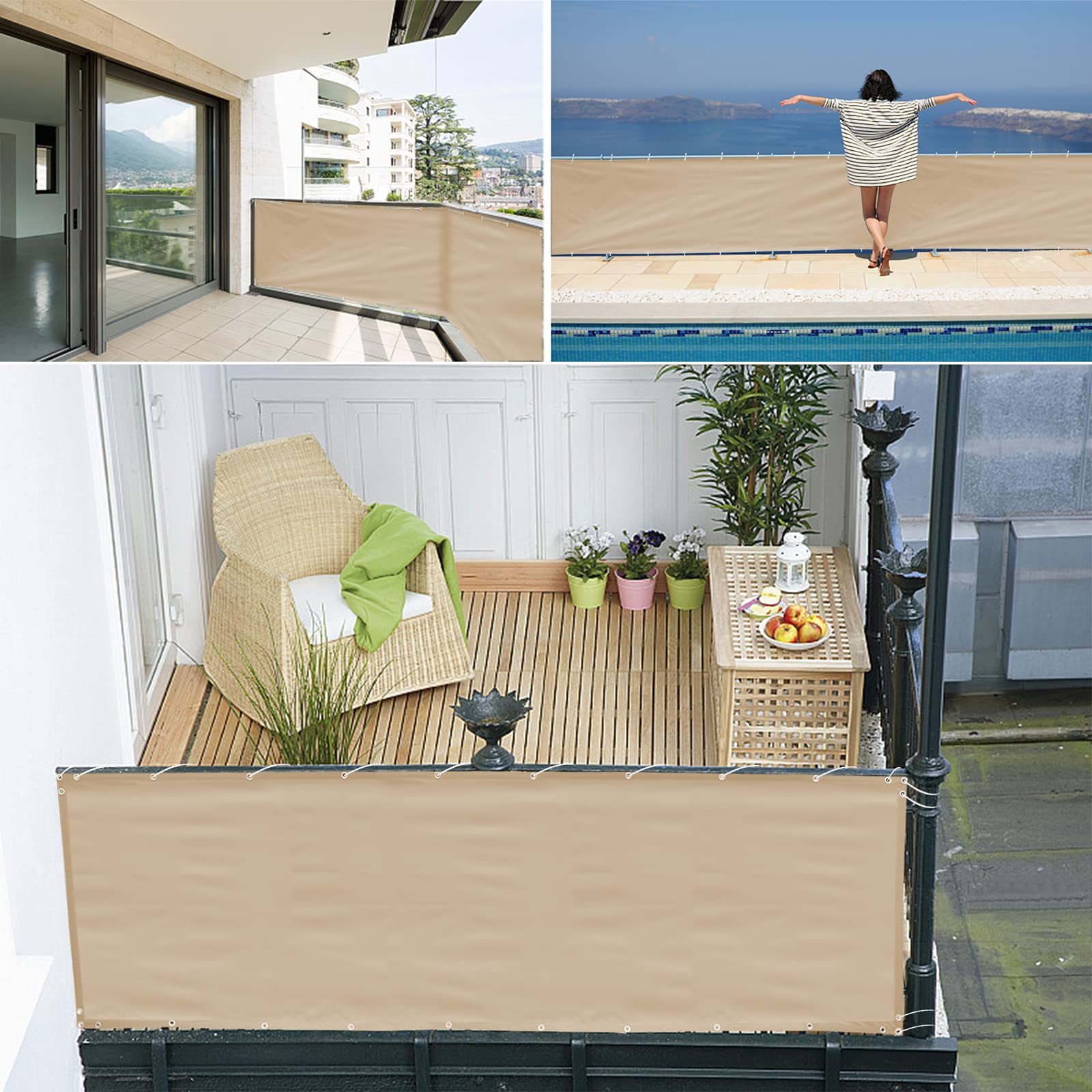 Balkon Sichtschutz 75x2000 Cm - Wetterfest, Blickdicht, Aus HDPE Mit Alu-Ösen, Farbe Beige