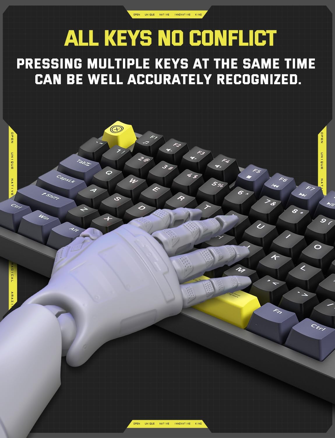Illustration of the anti-ghosting feature on the ONIKUMA G52 keyboard, showing multiple keys being pressed simultaneously