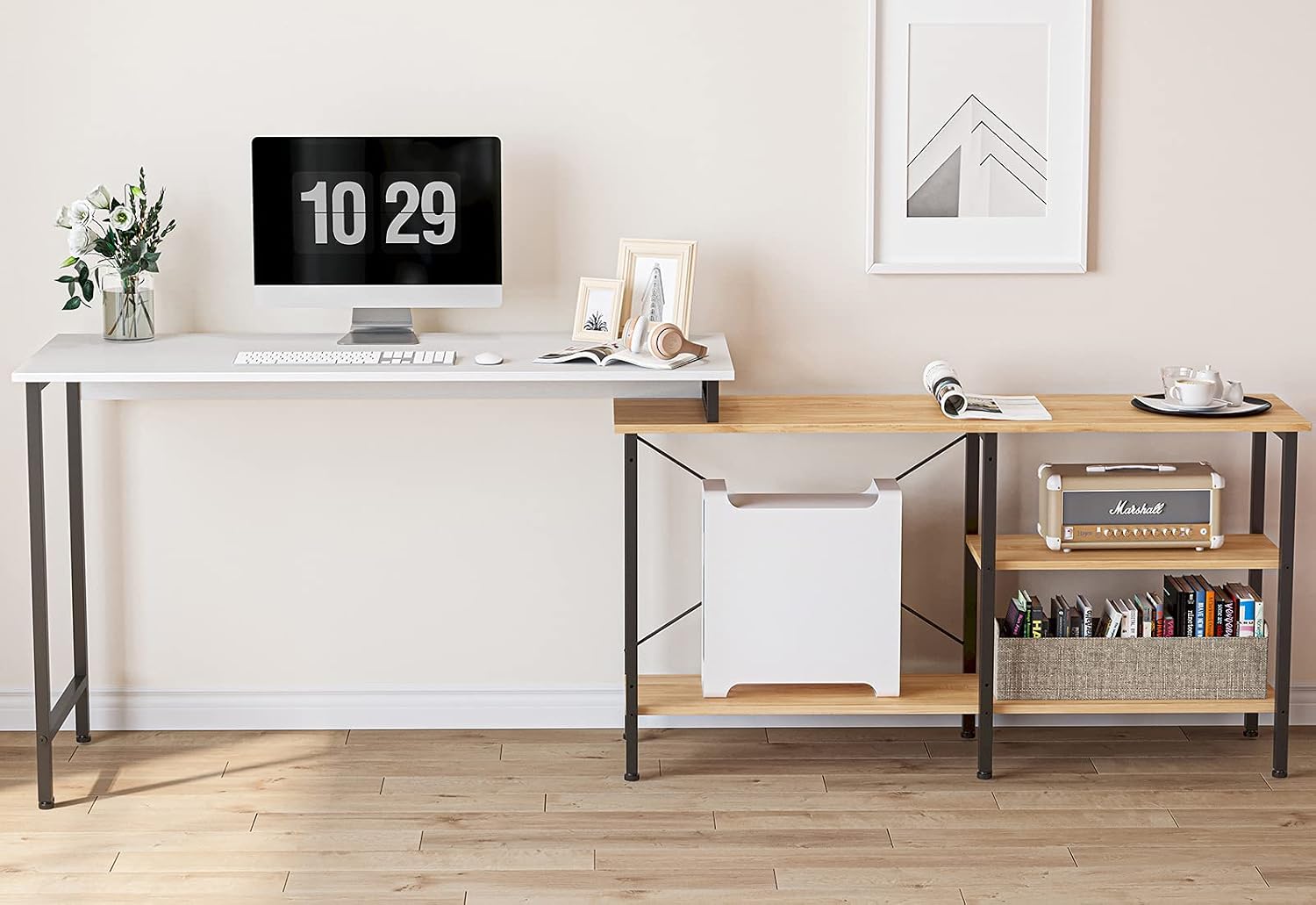CubiCubi L Shaped Desk, Computer Coner Desk, Home Office Writing Desk, Side Removable with Storage Shelves, White and Natural