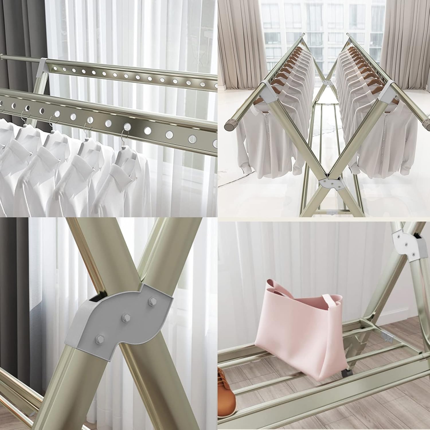 Foldable Portable Clothes Drying Rack - Aluminium Alloy Collapsible Clothes Airer with Casters, Space-Saving Design, Isometric Windproof Hanging Holes, Extendable for Efficient Drying