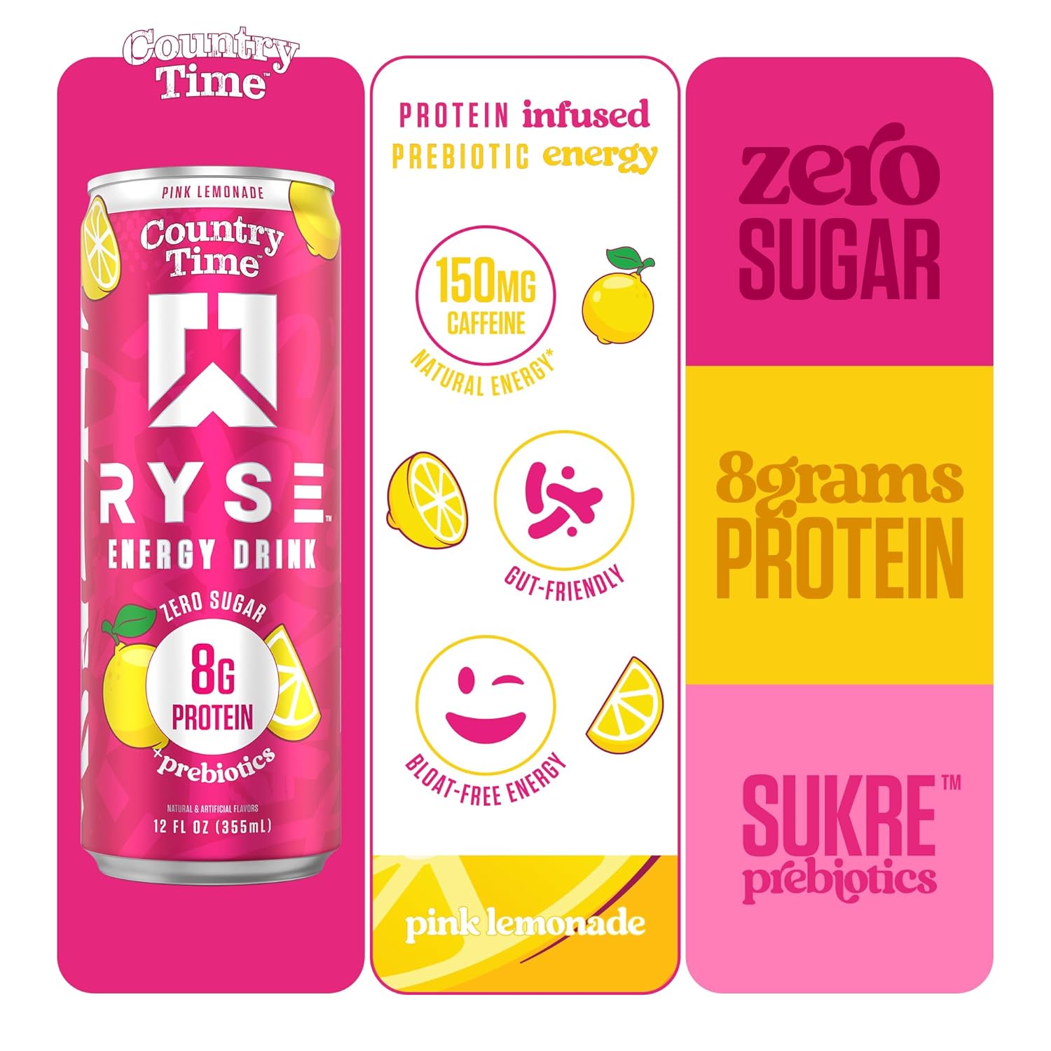RYSE Functional Energy Drink - Country Time Pink Lemonade - 150mg Natural Caffeine, 8g Whey Protein & 1g Prebiotics - Sugar Free, Gut-Friendly, Bloat-Free - 12 fl oz Cans (12-Pack)