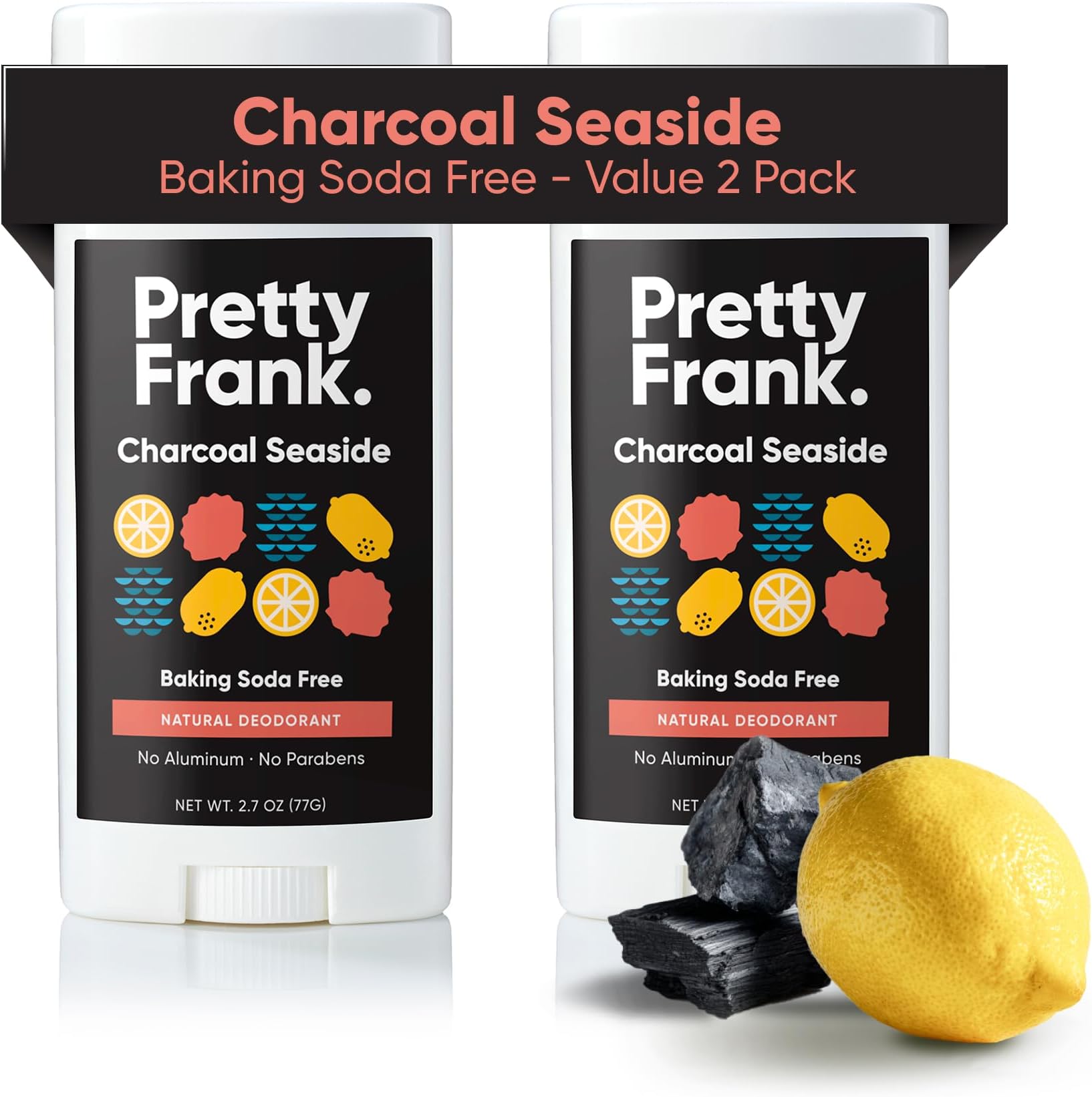 Pretty Frank Natural Aluminum-Free Deodorant Stick with Charcoal, Baking Soda-Free, Charcoal Seaside (2-Pack) | Sensitive Skin Friendly, Effective Odor Control for Women & Men, Organic Ingredients