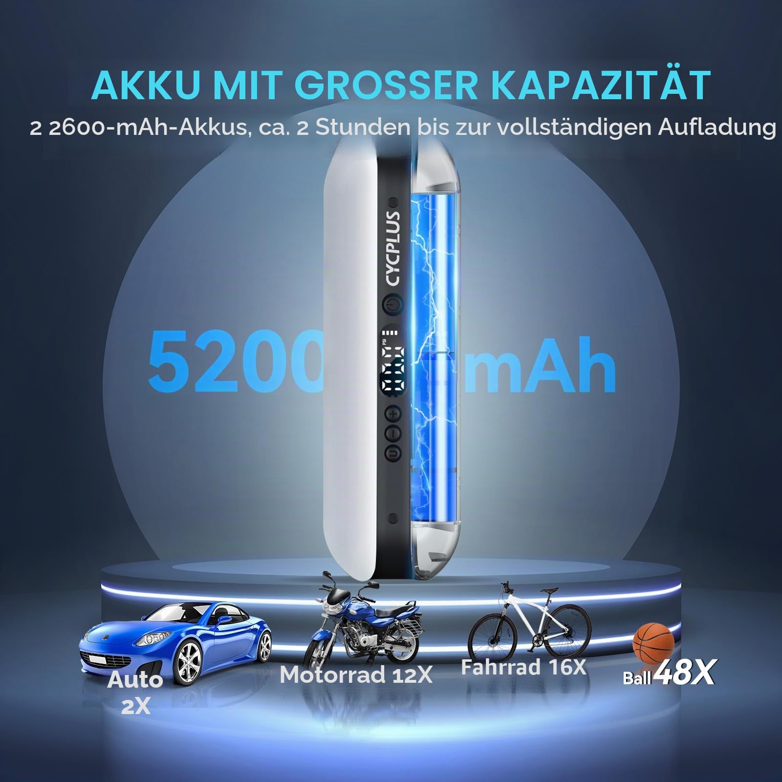 CYCPLUS Luftpumpe 150PSI Elektrischer Kompressor Tragbar Fahrradpumpe Mini Reifenpumpe mit Digital LED Anzeige LED Licht Wiederaufladbarer Li-ionen für alle Fahrräder Motorräder und Autos