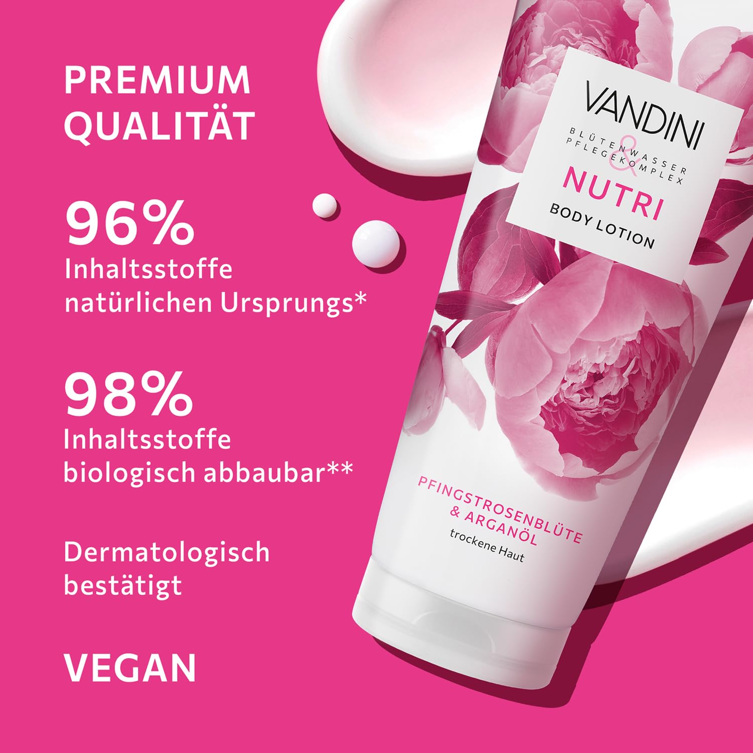 VANDINI 6 x NUTRI balsam do ciała damski, 200 ml, z kwiatem piwonii i olejkiem arganowym, balsam do ciała dla suchej skóry, wegański, bez parabenów i silikonów, potwierdzony dermatologicznie