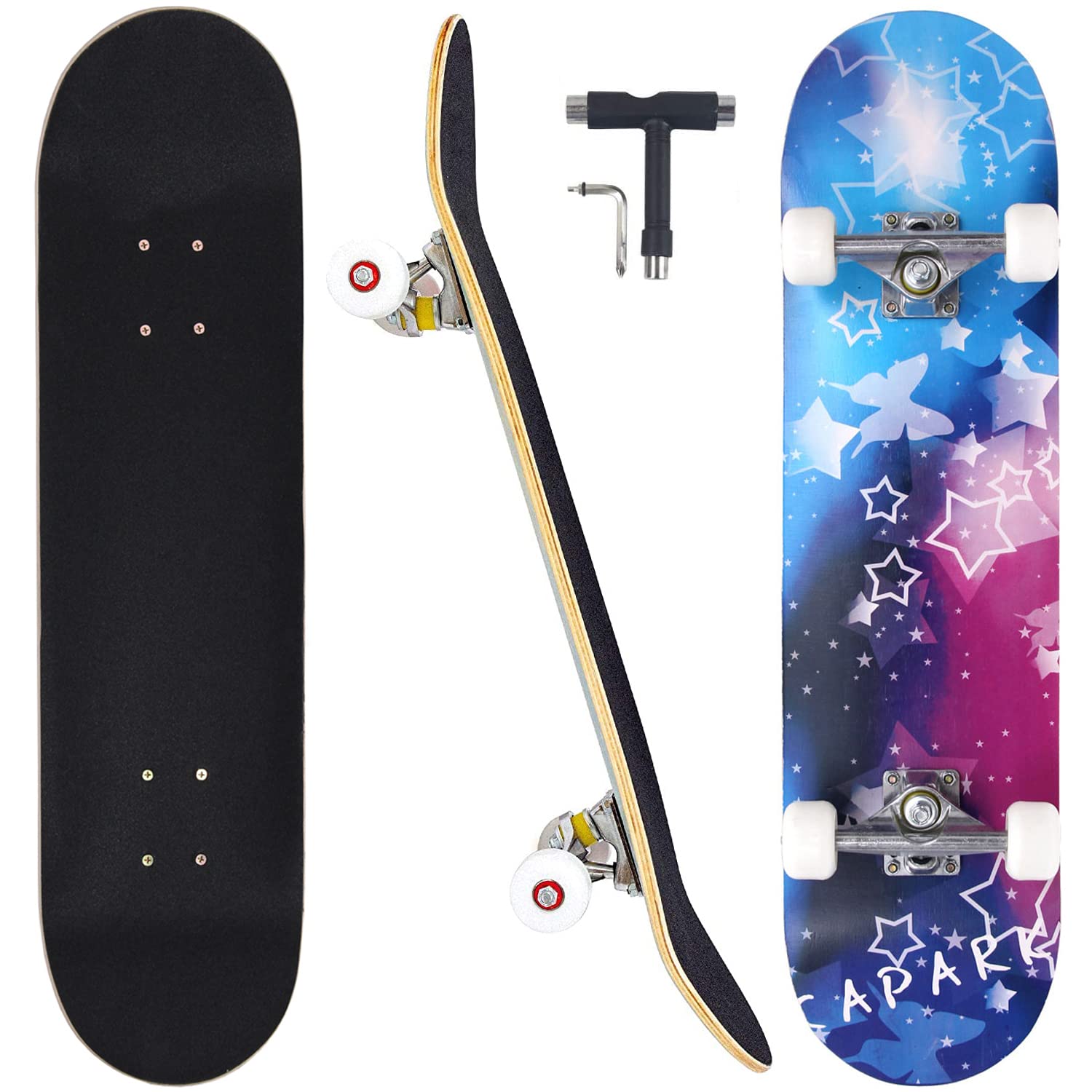 CAPARK Skateboards for Beginners Adults Youths Teens Kids Girls Boys 31 Inch Pro Complete Skate Boards 7 Layer Canadian Maple Double Kick Concave