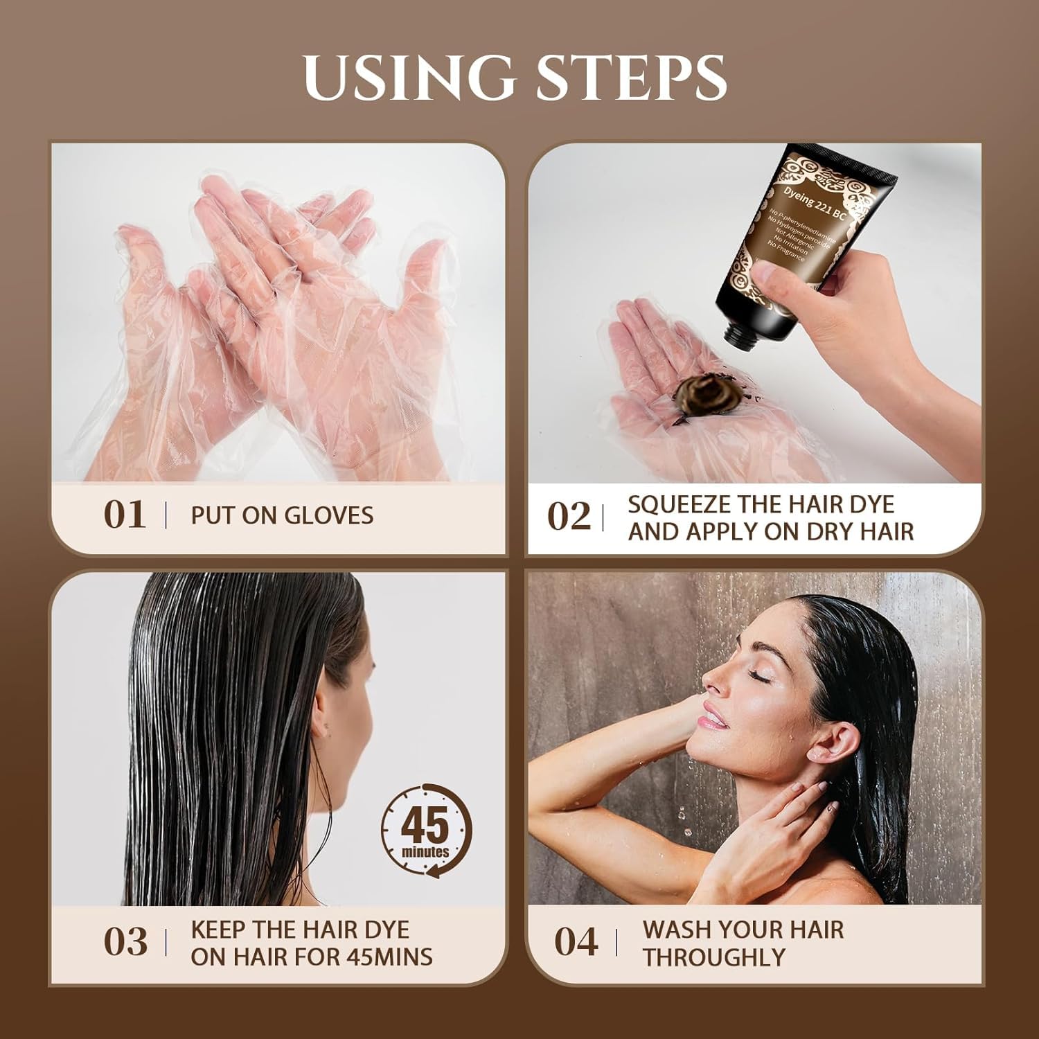 Brown Hair Dye Ammonia Free/PPD Free/Hydrogen Peroxide Free, Odorless Natural Herbal Brown Hair Color for Women Men Gray Hair Coverage