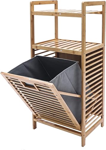 Miniatura 5 de Estante organizador de almacenamiento de 3 niveles con marco de bambú y cestas de tela extraíbles, unidad de cajones de almacenamiento, cesta de