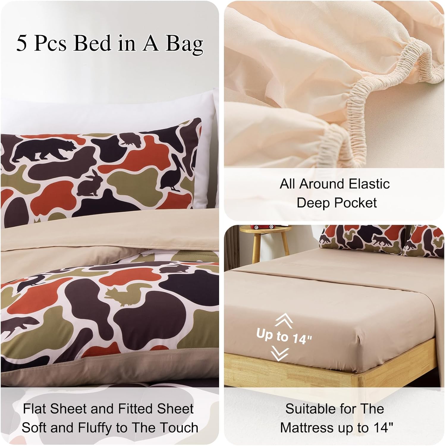 Meeting Story 5 pcs Camo Bedding Set Twin Size for Boys,Aminal Comforter Fox Bear Bedspread Camouflage Bed Sets for Kids Teens, Wild Home Decor(Brown,Twin) - Image 4