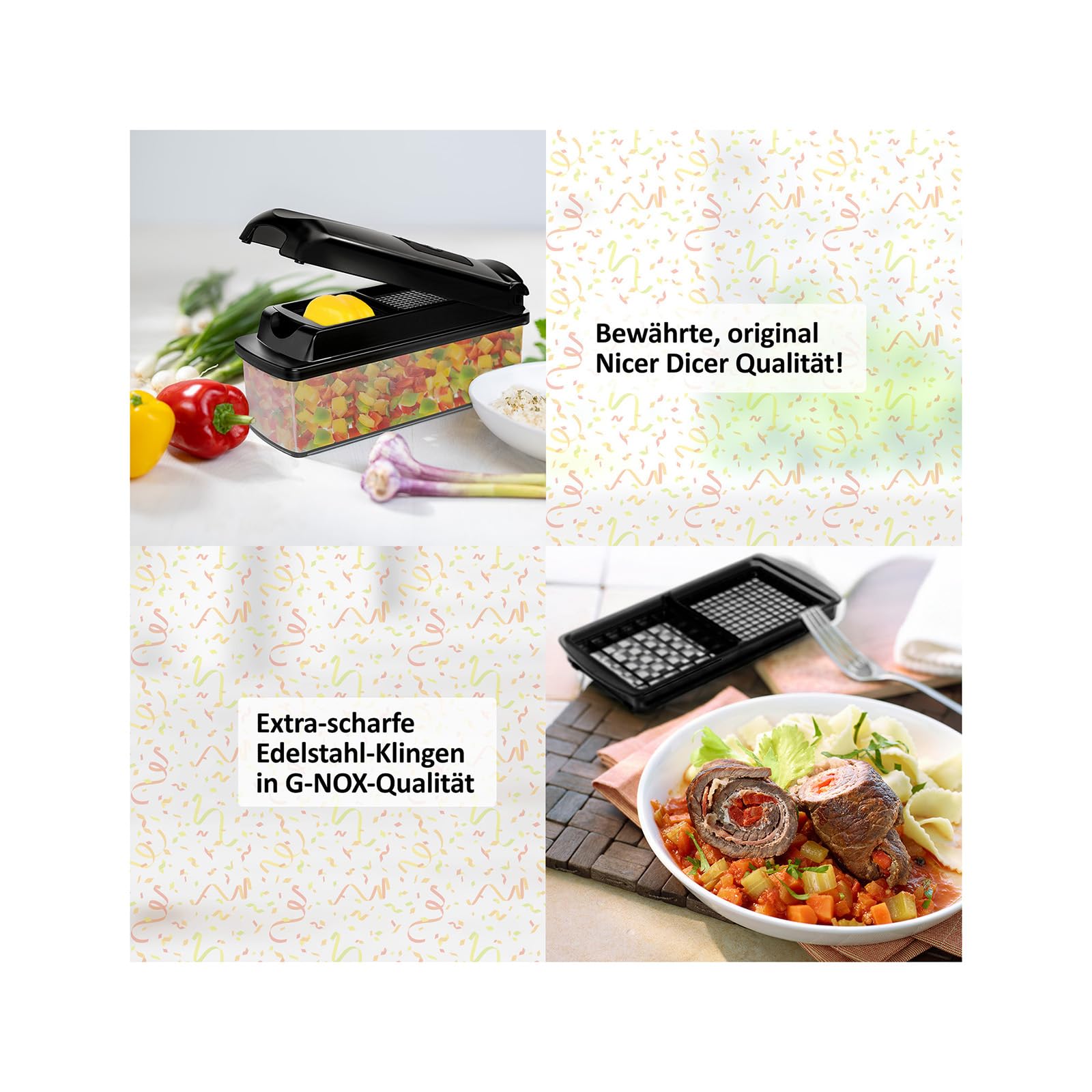 Genius Nicer Dicer Plus Gemüseschneider 17-tlg Jubiläums-Edition – Gemüsehobel Reibe mit 1.5L Auffangbehälter mit Deckel, Spiralschneider, Zwiebelschneider, Würfel, Stifte, Scheiben, Rezeptheft