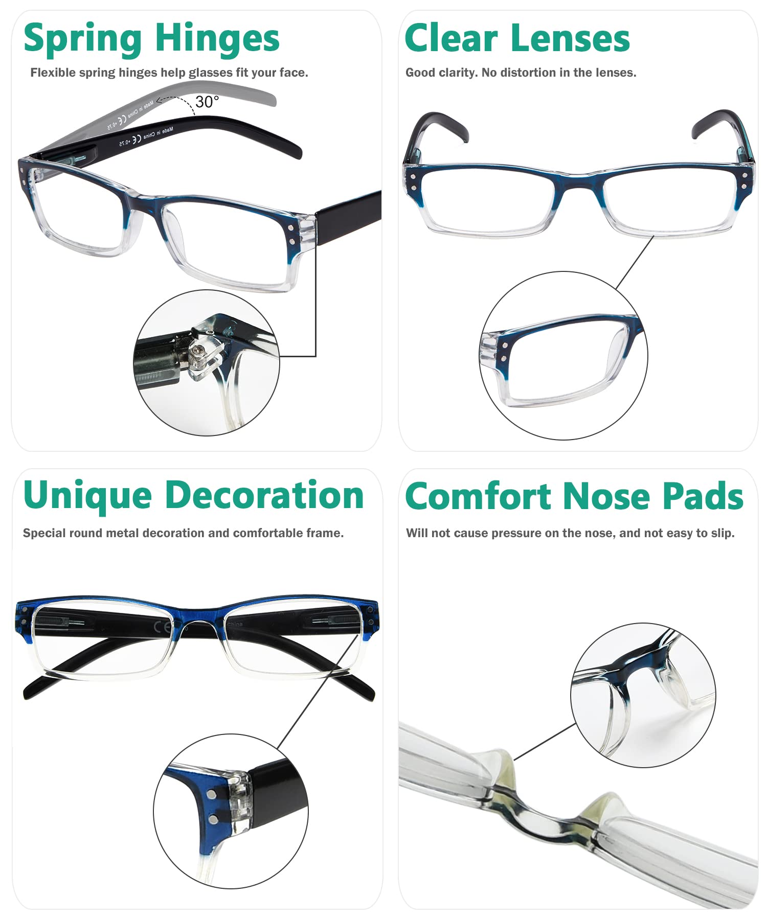 eyekepper 4 Paires Classic Lunettes de Lecture pour Femmes Hommes Rectangulaires avec Charnières à Ressort, Bleu 3.00