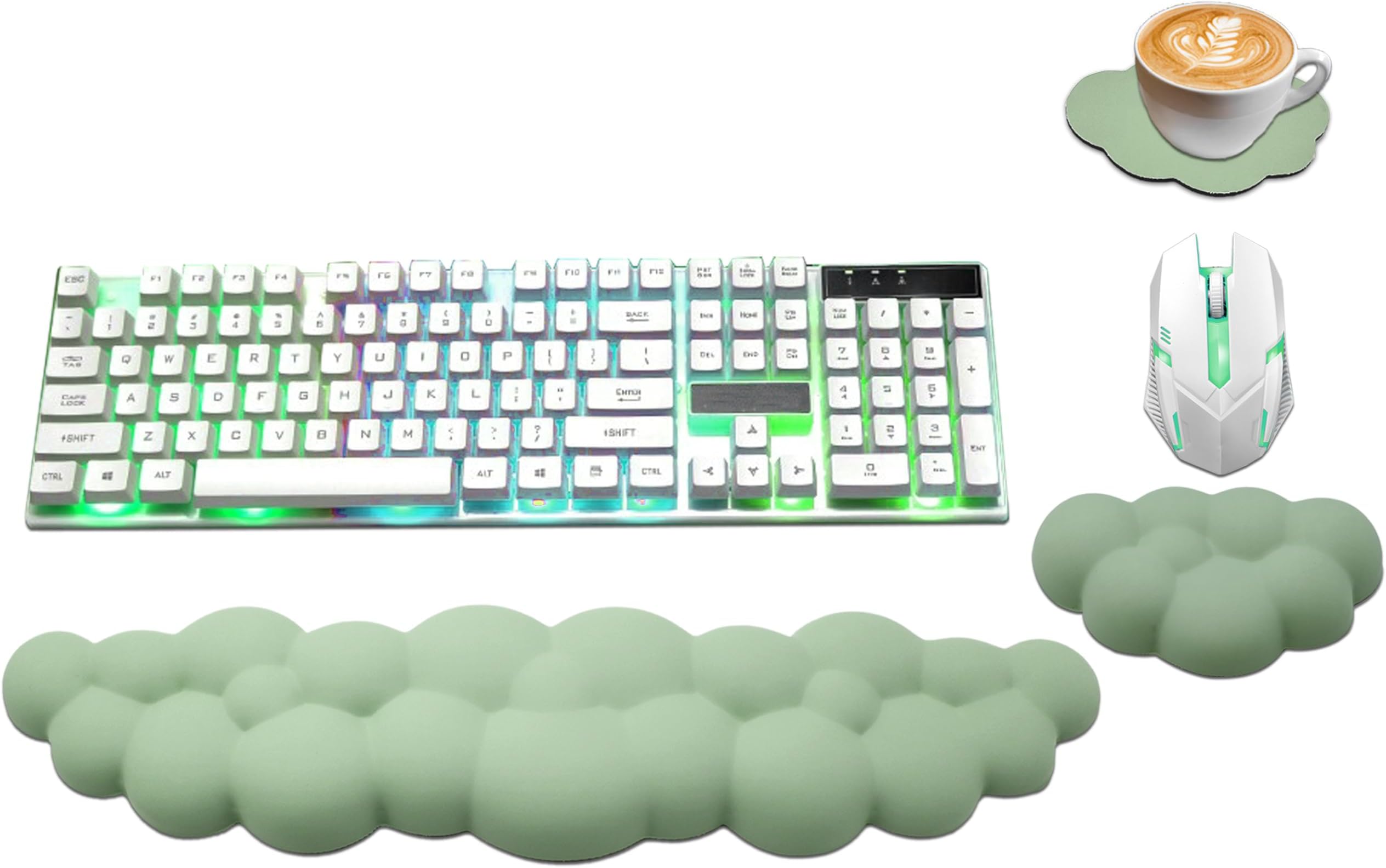 Cloud Wrist Rest Keyboard, PU Leather Memory Foam Wrist Rest for Computer Keyboard, Ergonomic Keyboard Wrist Rest and Cute Mouse Wrist Rest for Gaming,Office,Computer,Typing Pain Relief,Pastel Green