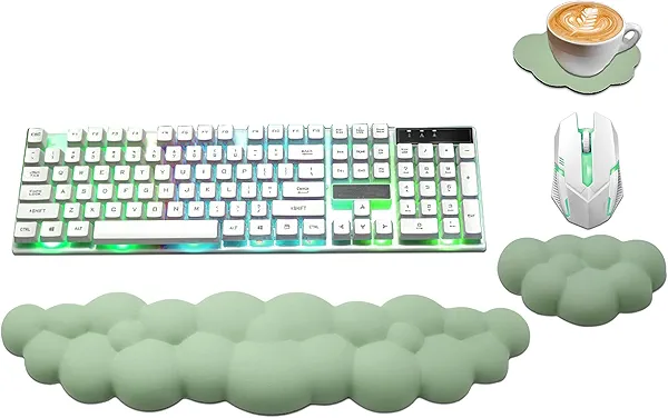 Cloud Wrist Rest Keyboard, PU Leather Memory Foam Wrist Rest for Computer Keyboard, Ergonomic Keyboard Wrist Rest and Cute Mouse Wrist Rest for Gaming,Office,Computer,Typing Pain Relief,Pastel Green