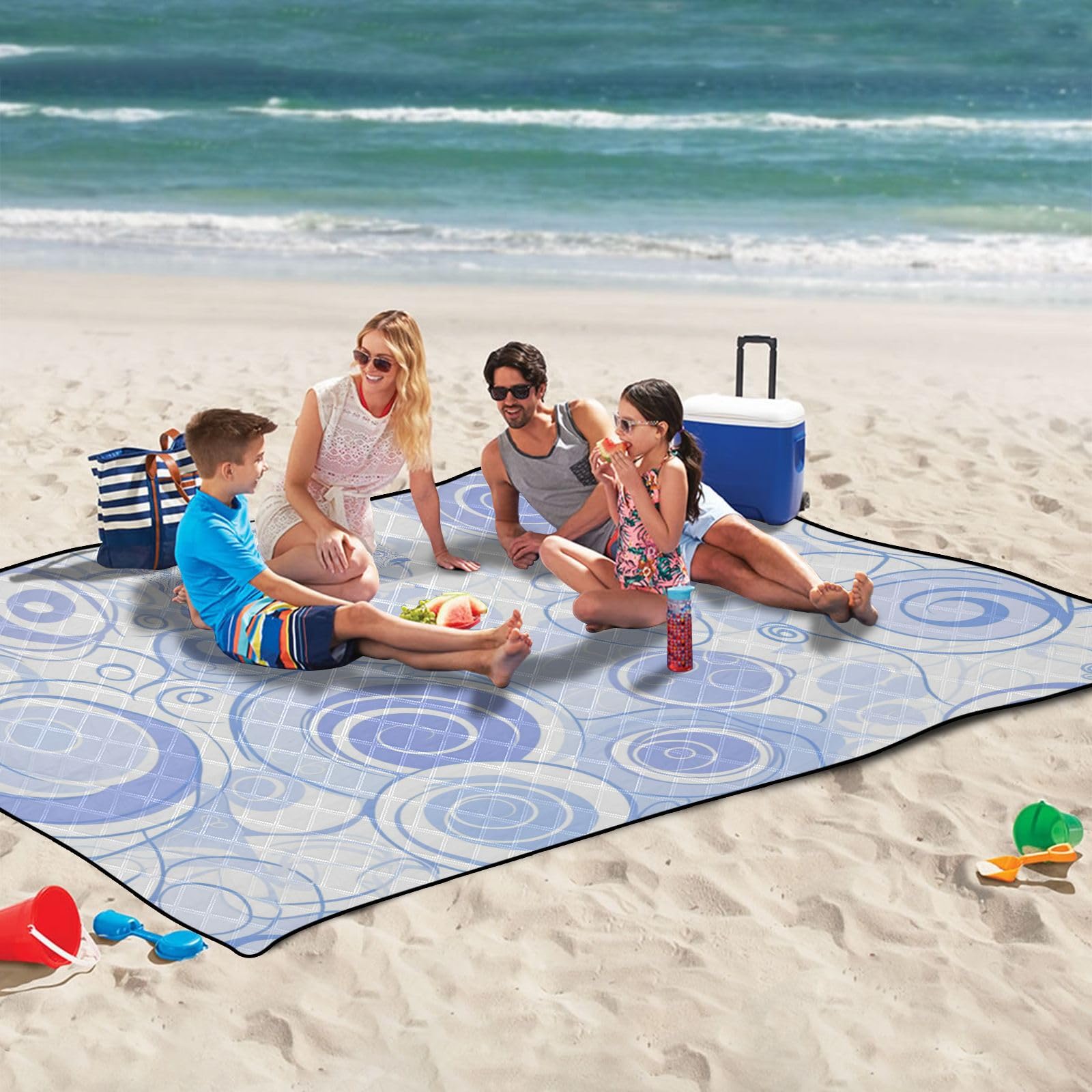 Mata plażowa odporny na piasek piknikowy duży koc zewnętrzny 203 cm x 385 cm na trawę koc koncertowy, fioletowe proste koła