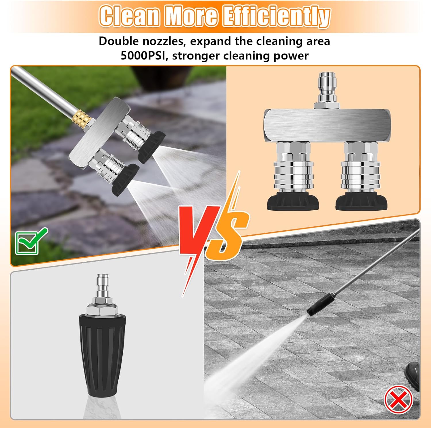 Axcoix 5000 PSI Pressure Washer Tips, 2-in-1 Power Washer Nozzle Tip, Dual Pressure Washer Nozzle with 10 Pressure Washer Spray Nozzles (0, 15, 25, 40, 65 Degree), 1/4 Inch Quick Connect, silvery