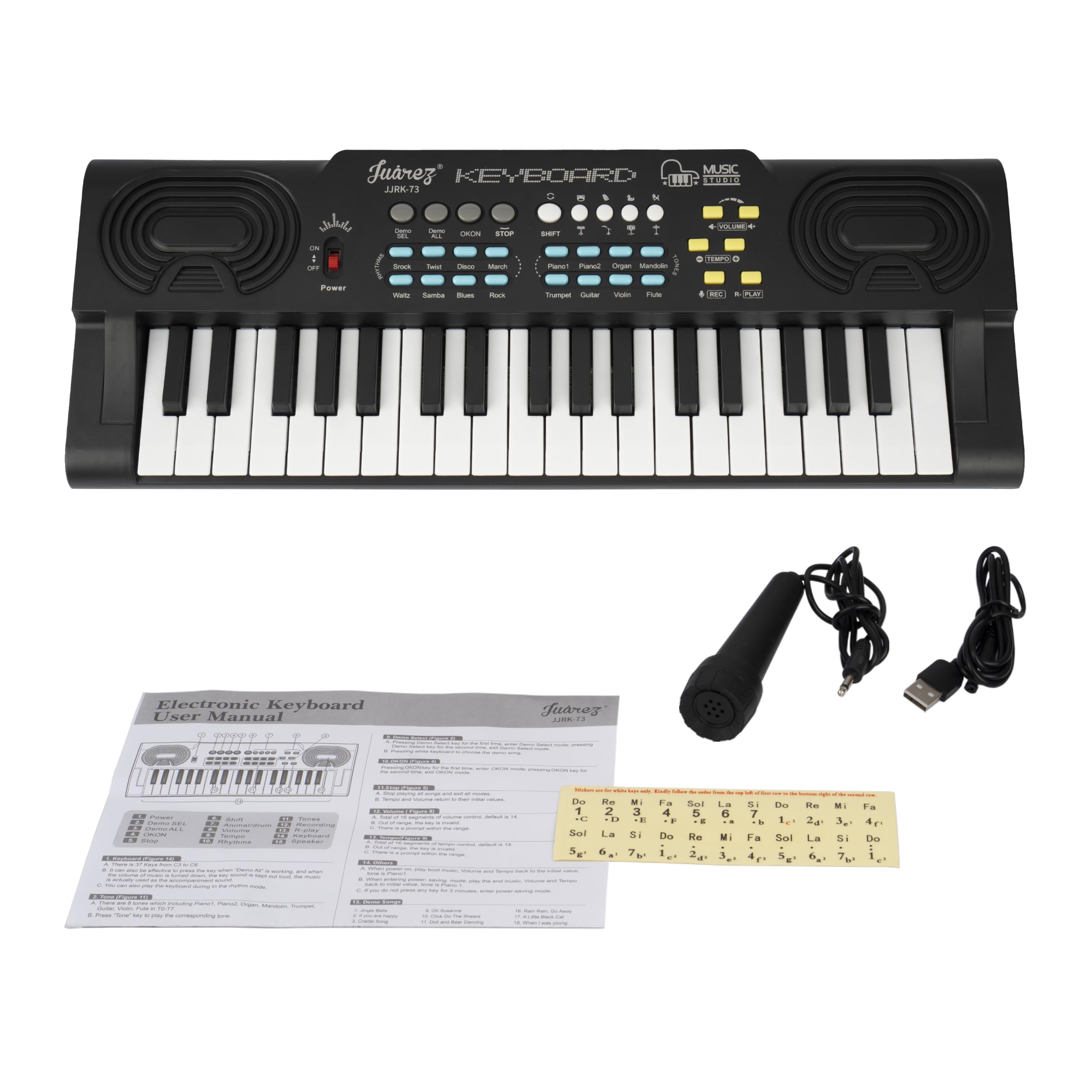 JUAREZ JJRK-73 37-Key Kids Electronic Keyboard Music Studio with Microphone | 8 Tones 8 Rhythms | Dual Speakers | Percussion Effects | Record & Playback | Demo Songs | USB Power | Beginner Kids Piano-image-10