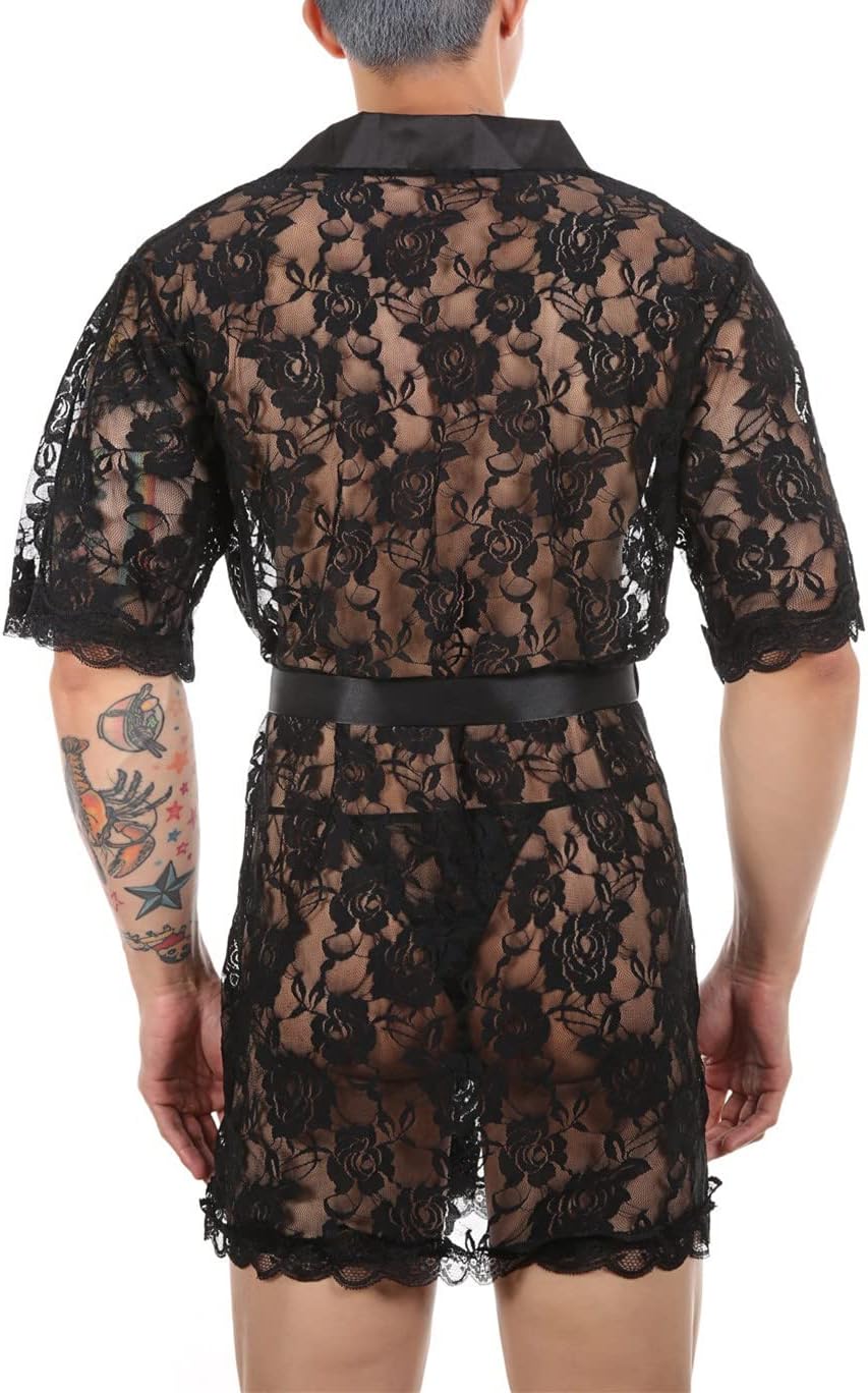 Men Sexy Lace Bathrobe Floral Mesh Lingerie Transparent Belted Sleepwear Ultra-thin Pajamas Suit Nightgown Robe