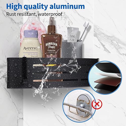 Miniatura 6 de Estante de ducha autoadhesivo con ganchos, organizadores de baño inoxidables y almacenamiento, accesorios de decoración del hogar (triángulo-negro)