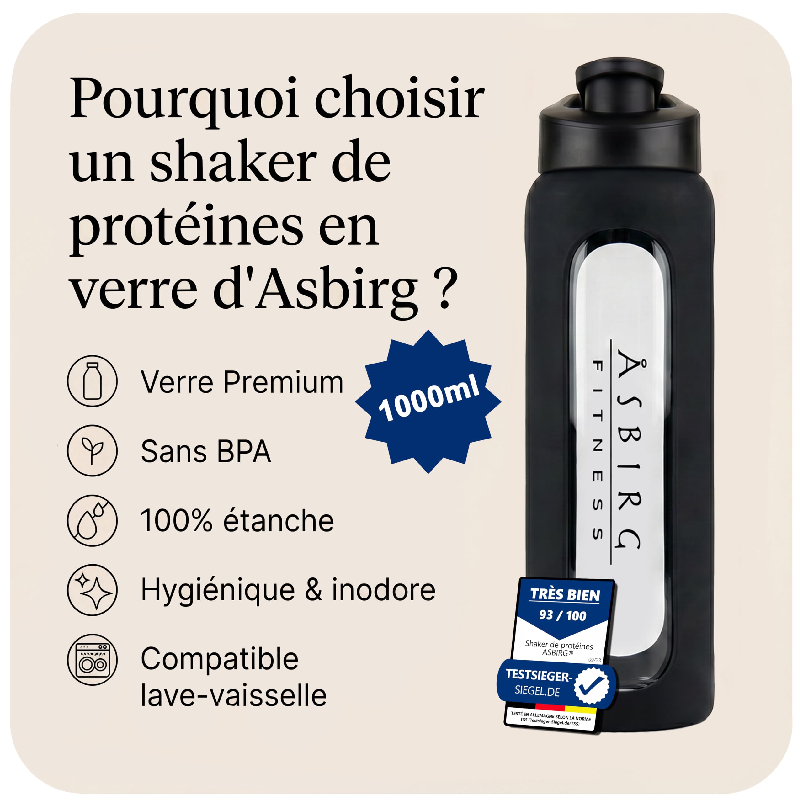 Shaker Protéines en Verre Trempé - 1000ml Gourde avec Boule Mélangeuse | Étanche, Sans BPA & Résistant | Noir