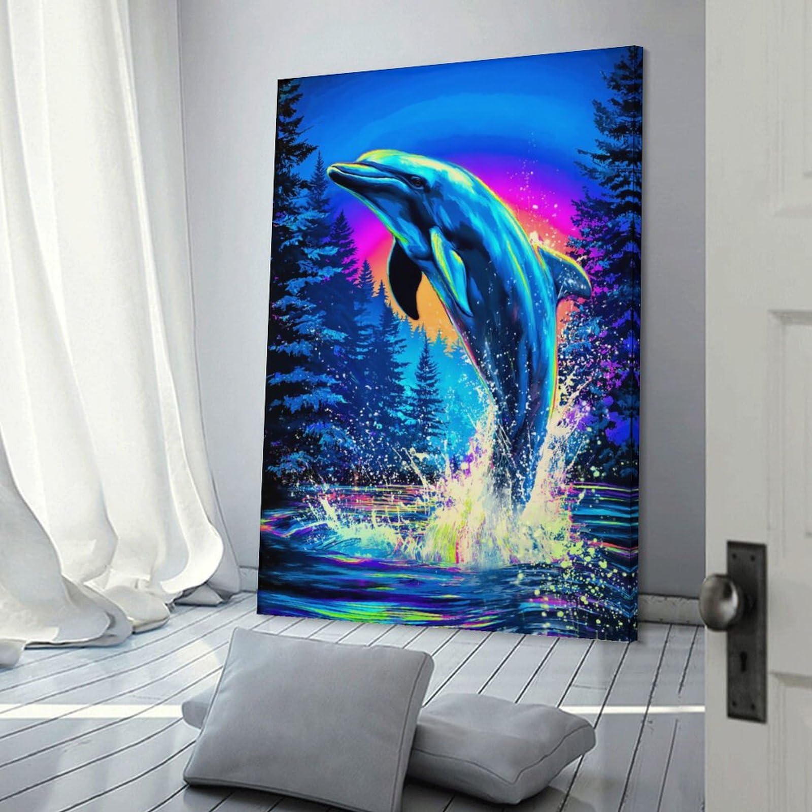 Junmoney Neon Dolphin Splash Art Print Canvas Art Print, 24x36inch(60x90cm), for Office Decor, Home Working Or Creative Rooms, A Smart Decor Choice for Study Walls