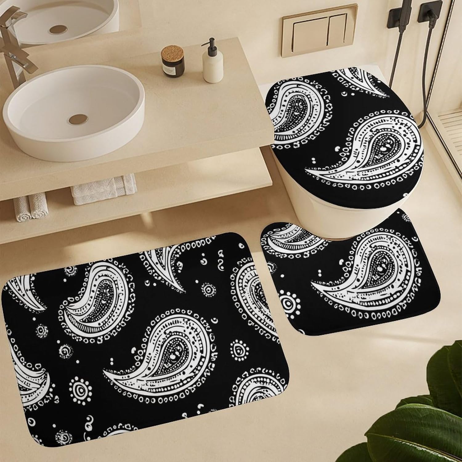 Paisley Black and White Modern Bathroom Sets with Shower Curtain and Rugs Decor 4 Pcs with 12 Hooks