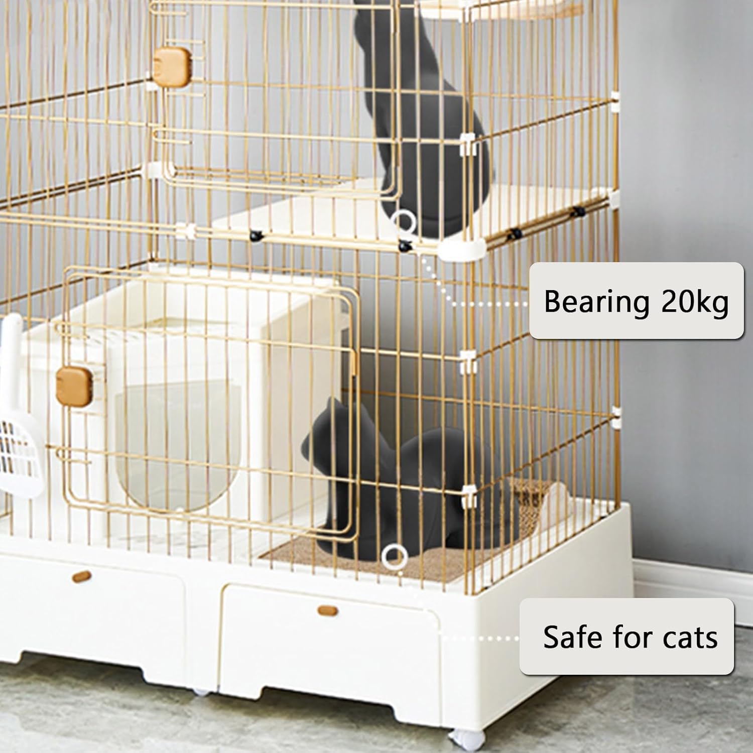 3-Tier Cat Enclosures, Large Cat Cage, Cat Playpen, with Cat Litter Box, Detachable, Snap-on Design, with Universal Wheels, Pet Playpen, for 1-3Cat, 32.3x22.2x61.8in(Black+Gold)