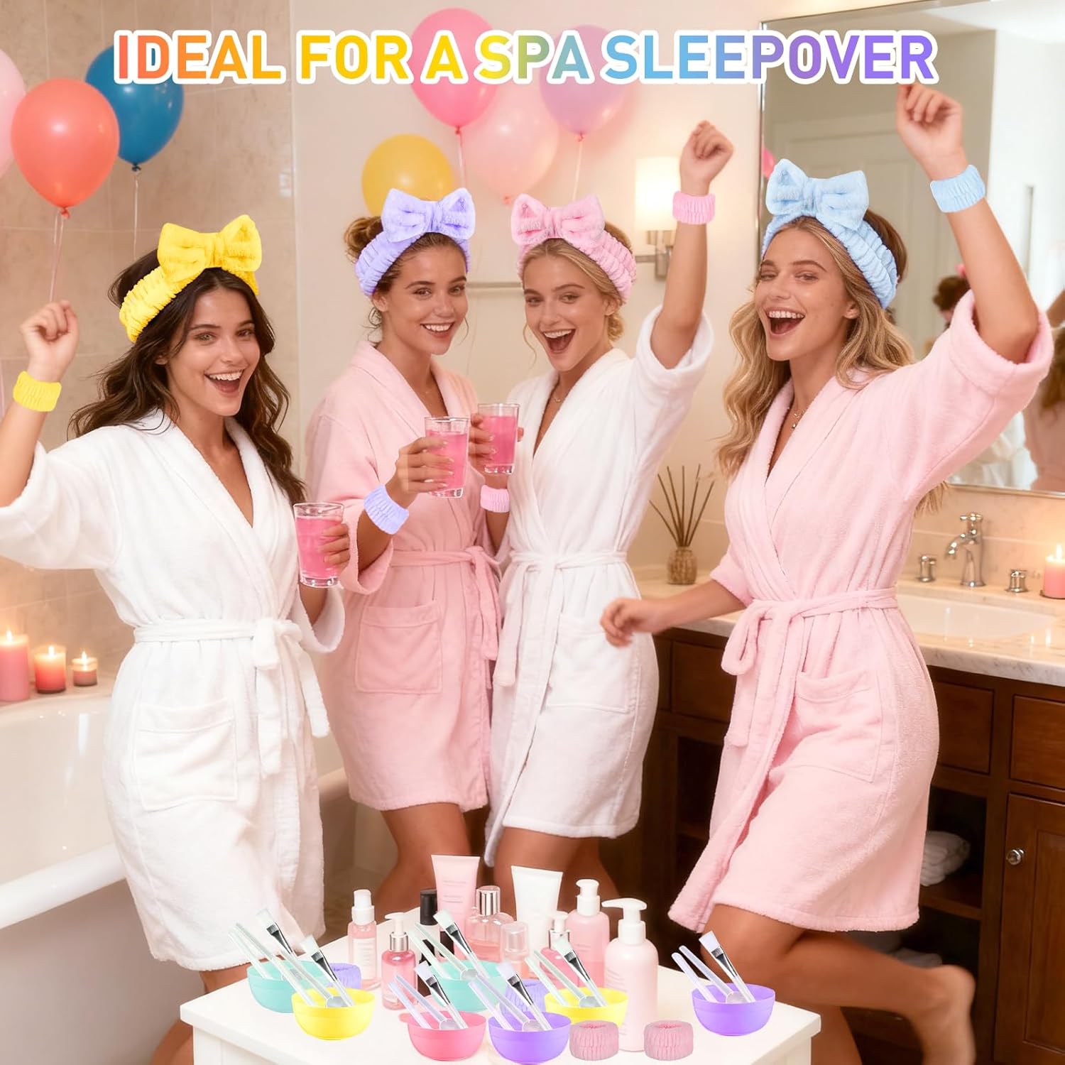 96 Pcs Spa Party Favors Bulk, Face Mask Mixing Bowl Set, Sleep Masks, Headbands, Hair Bands, Combs, Hair Clips, Face Wash Cloths for Girls Spa Sleepover Slumber Party Gifts (Cups Not Included)