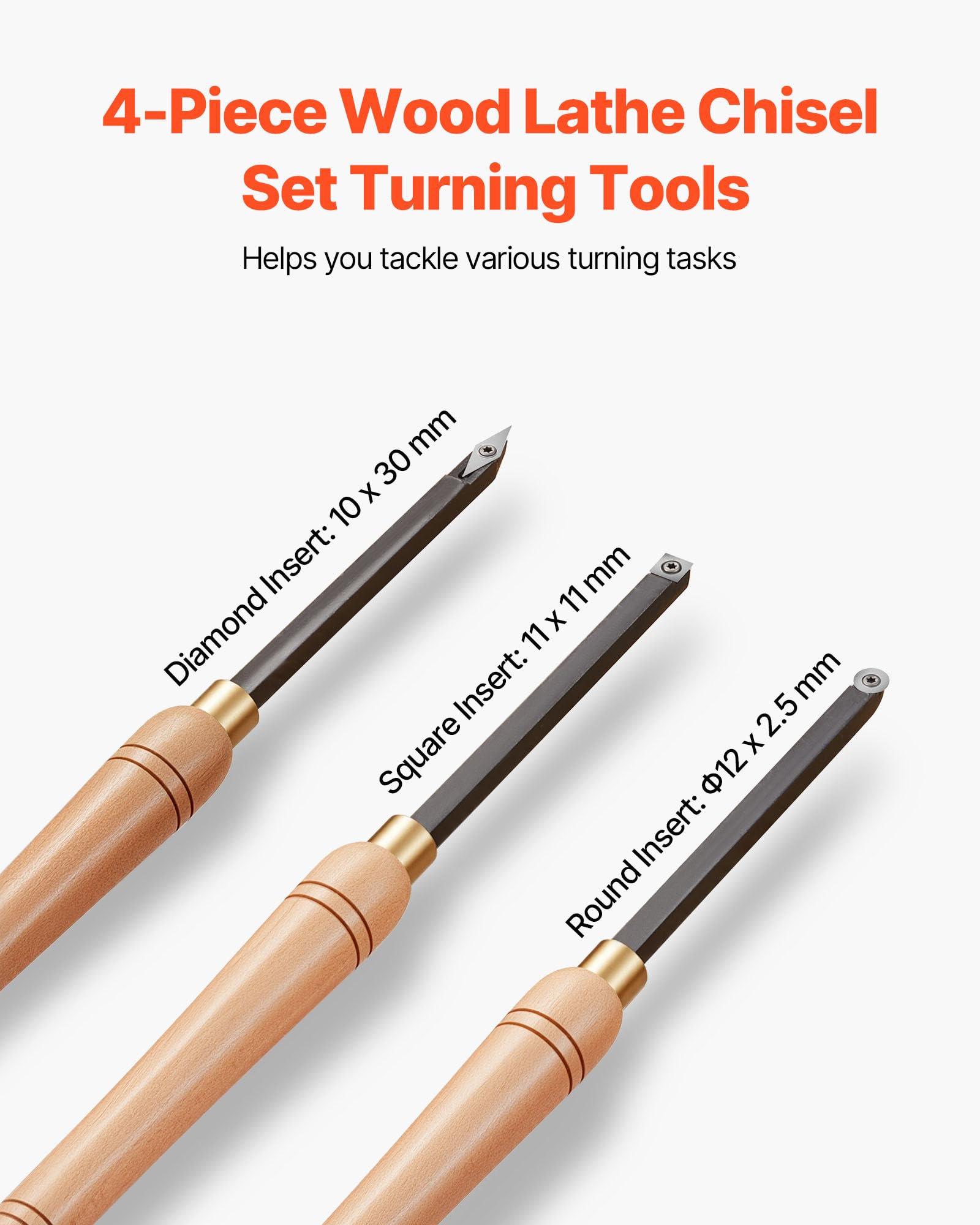 VEVOR Outils Tournage pour Tour à Bois, 4 PCS, Ciseaux à Bois avec Fraises en Carbure Ronds et Carrés Diamantés, Coffret de Rangement, Manche Confortable pour Travail de Détail, Débutant, Amateur, Pro
