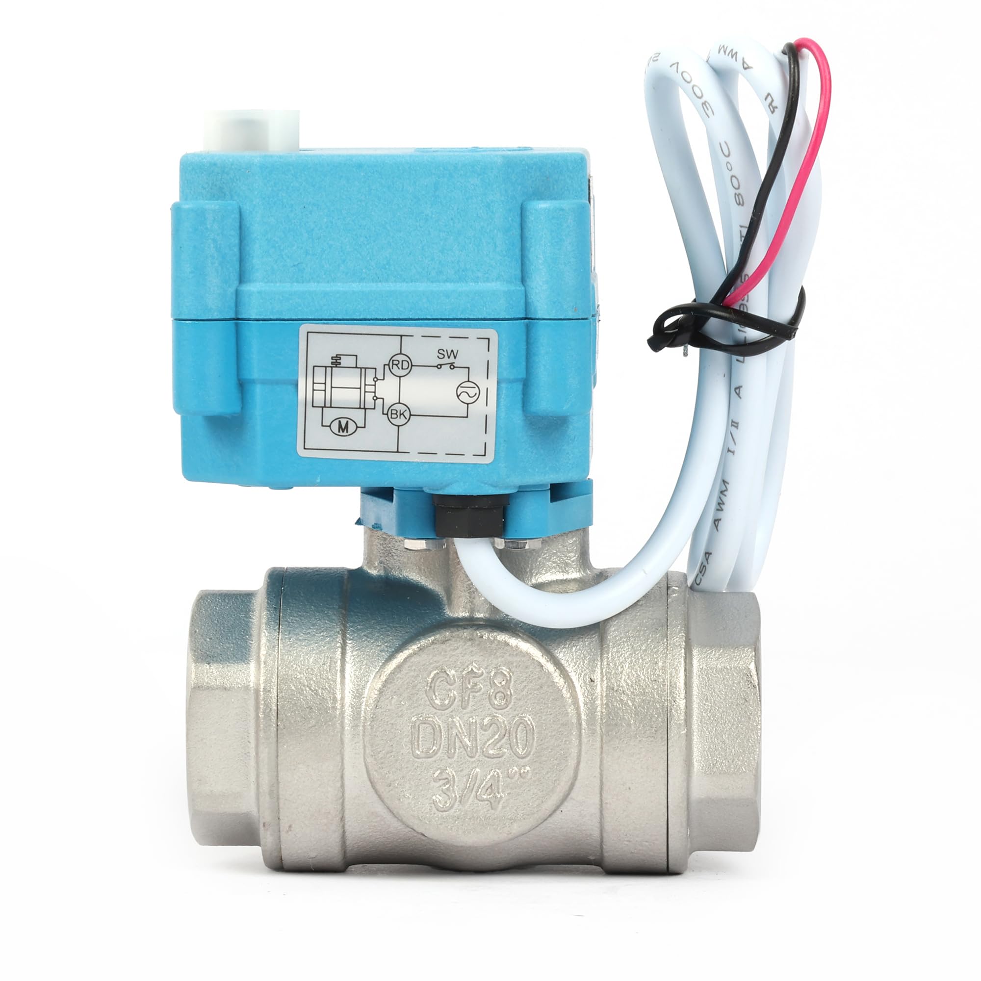 U.S. Solid Vanne 3 voies motorisée acier inoxydabl – 3/4", 110-230 V CA, type T, électrique de zone avec fonction manuelle, robinet d'arrêt d'eau, port standard