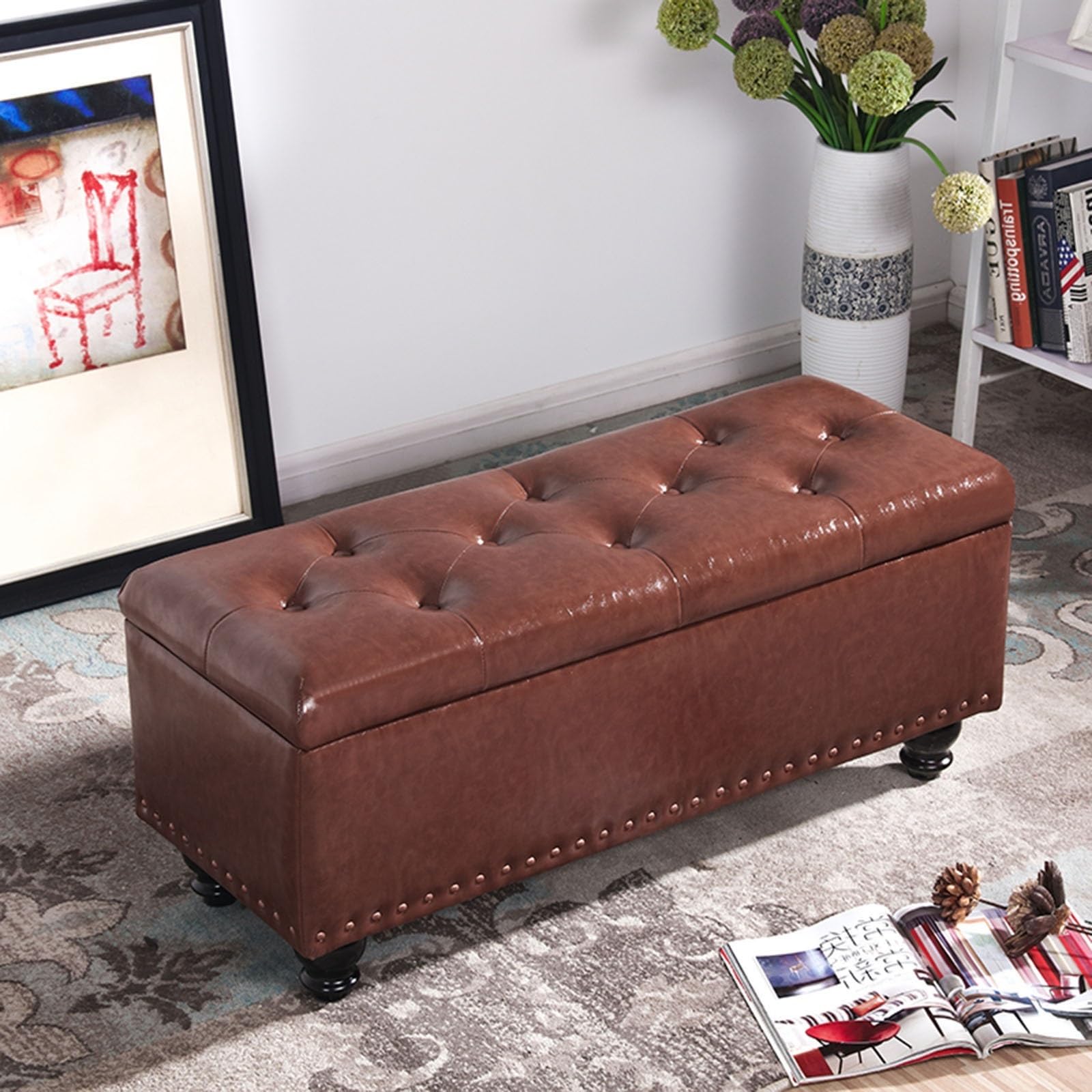 Meuble de rangement marron foncé en cuir synthétique pour salon et entrée