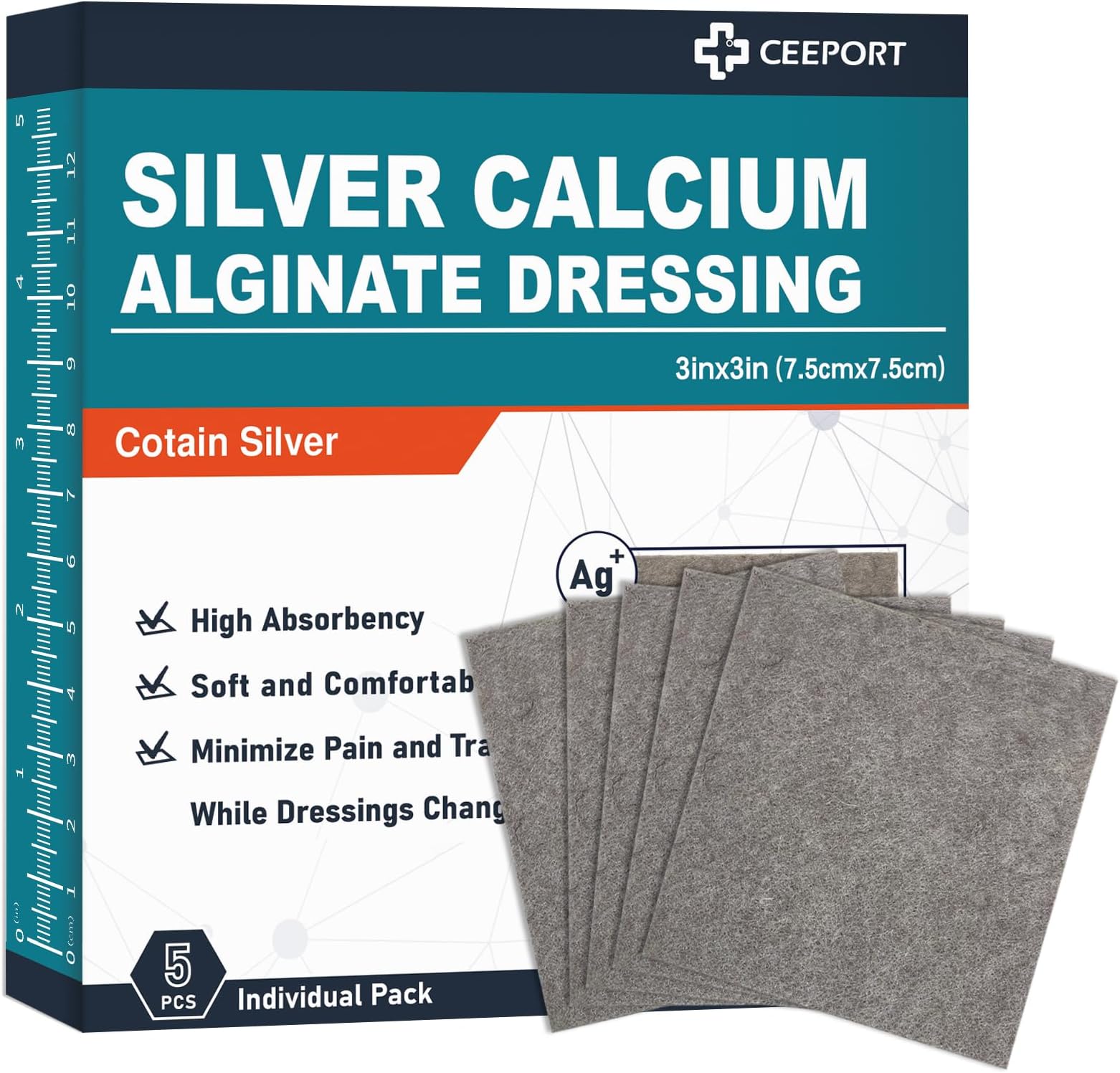Ceeport Silver Calcium Alginate Wound Dressing 3'' x 3'', 5 Individual Pack, Highly Absorbent Dressing Gauze, Soft and Comfortable Silver Dressing for Wound Care, Non Stick Pads for Wounds