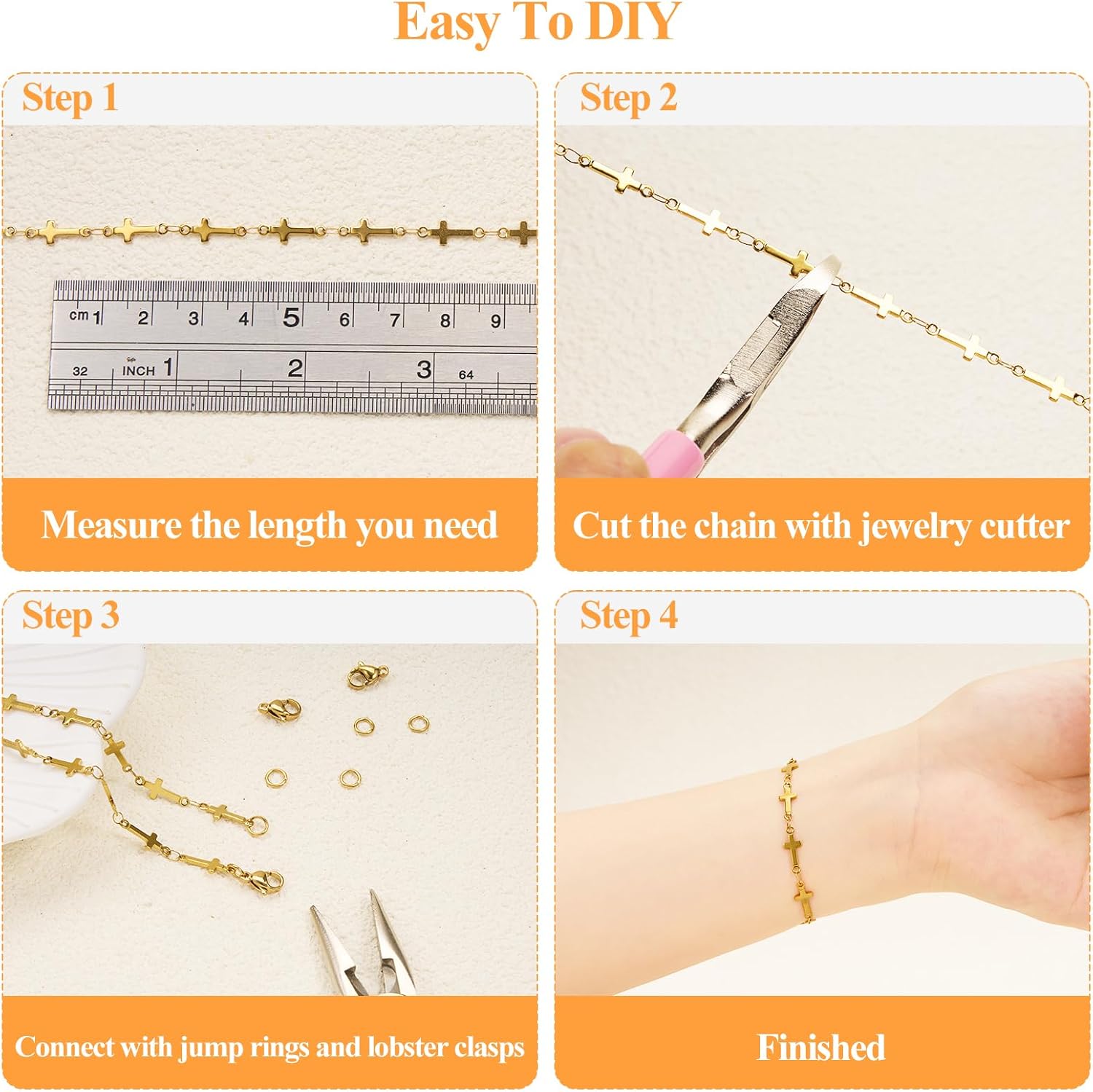 YOUBEIYEE 13 Feet Gold Plated Cross Chain for Jewelry Making Stainless Steel Bar Link Chains Bulk on Spool with Jump Rings Lobster Clasps