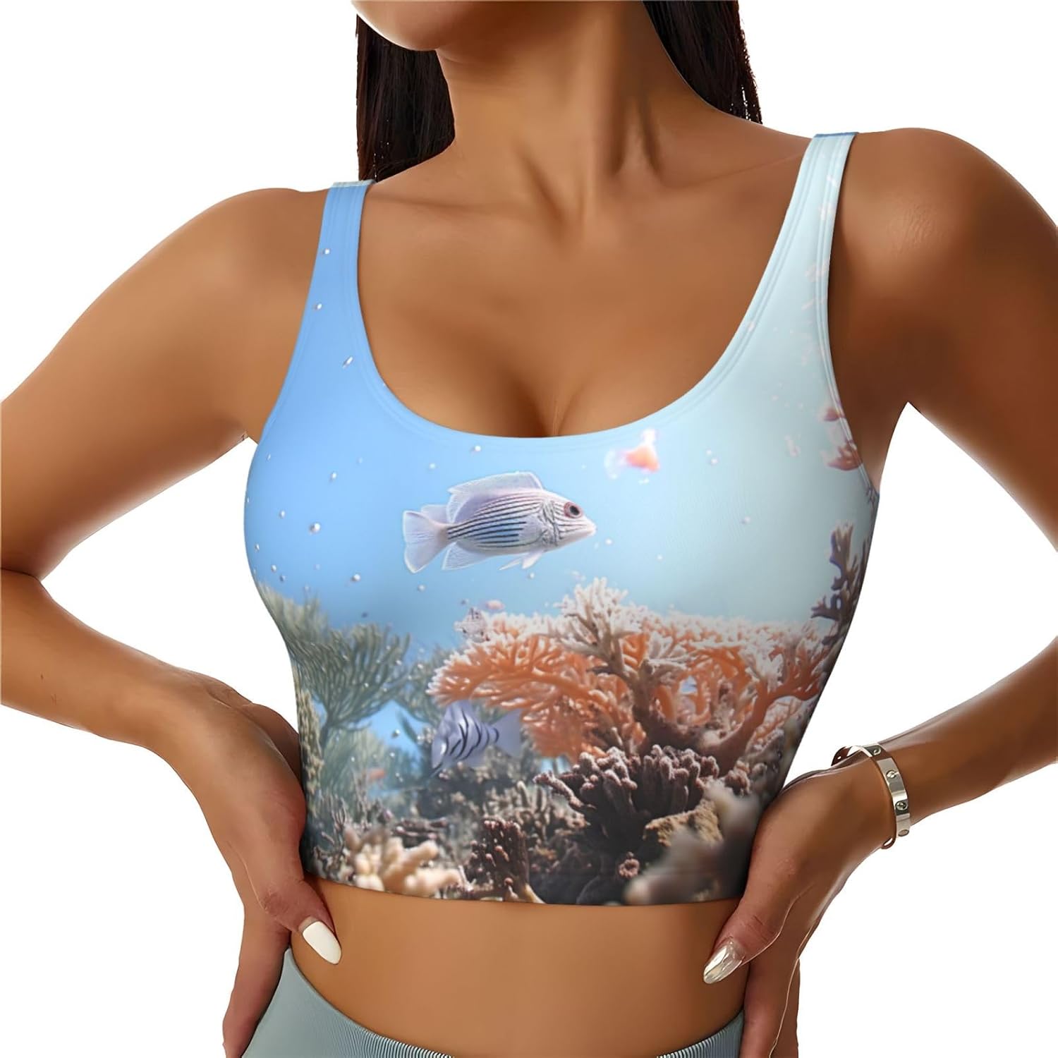 Aquatic Sea Animal Print Sports Bras for Women Funny Yoga Crop Tank Tops for Exercise Running Cycling Gym