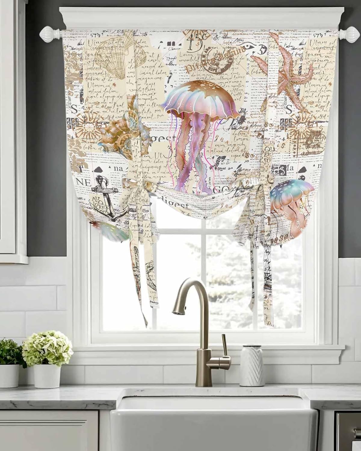 Tie Up Curtain for Windows Jellyfish Starfish Balloon Window Shades for Bedroom Bathroom Adjustable Rod Pocket Nautical Anchor Window Treatments Curtains Valance for Kitchen 52" W x 63" L
