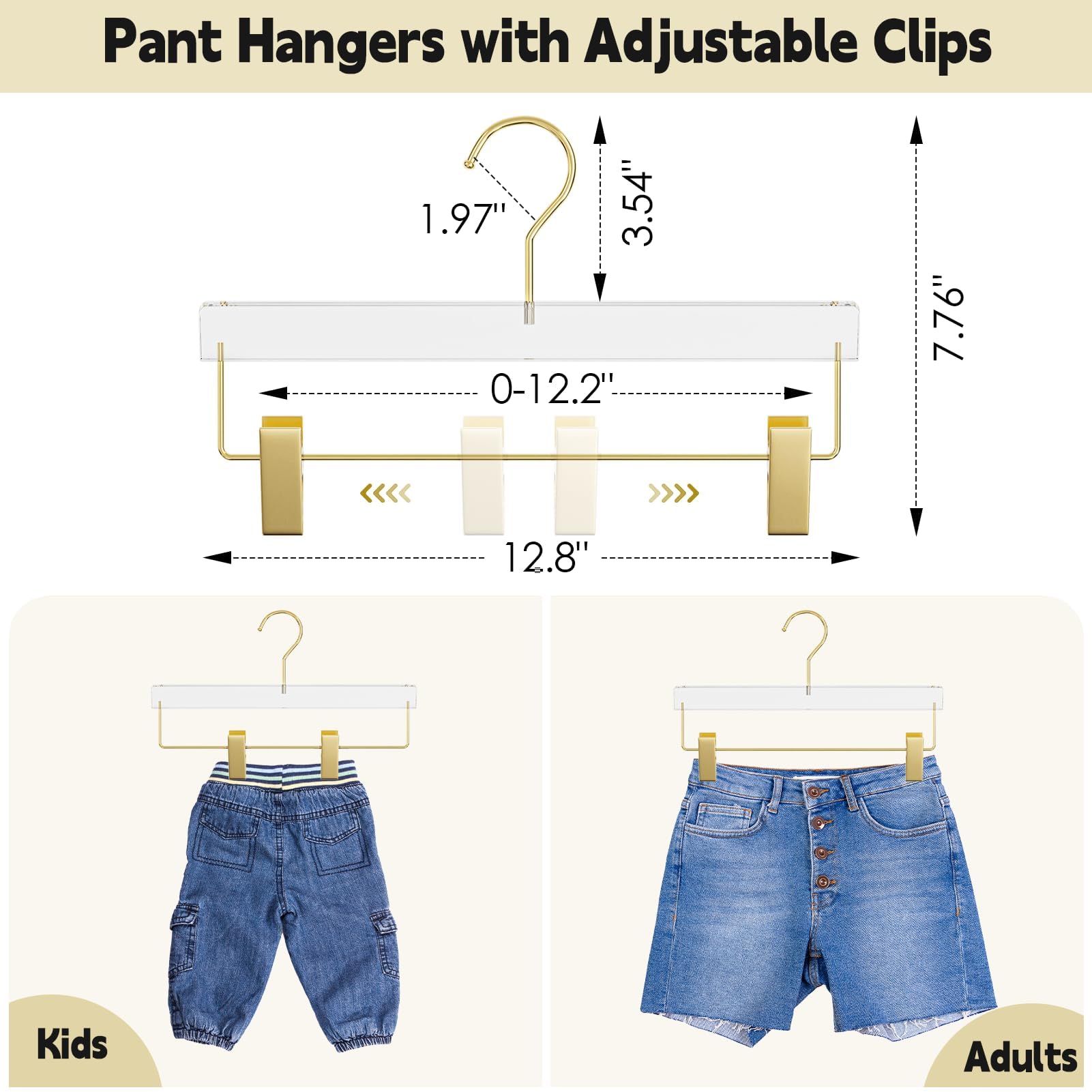 Acrylic Gold Pants Hangers with Adjustable Clips 10 Pack, Non-Slip Skirt Hanger for Women, Heavy Duty Space-Saving Clothes Organizer for Trousers, Coats, Jeans, Adults & Kids