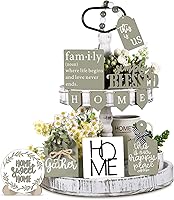 FairySandy 11-Pc Sage Green Spring Farmhouse Tiered Tray Decor Set - Rustic Wooden Signs for Kitchen Shelf Tabletop