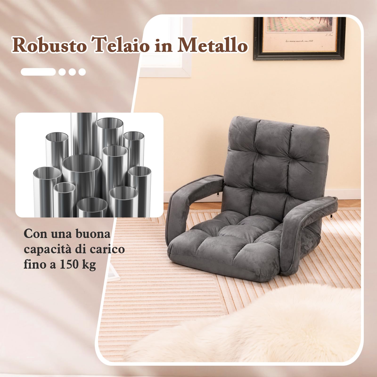 COSTWAY Sedia da Pavimento, Poltrona Divano con Schienale Regolabile 6 Livelli, Sedia Terra con Braccioli, Chaise Lounge per Soggiorno Camera da Letto, 60 x 64 x 54 cm