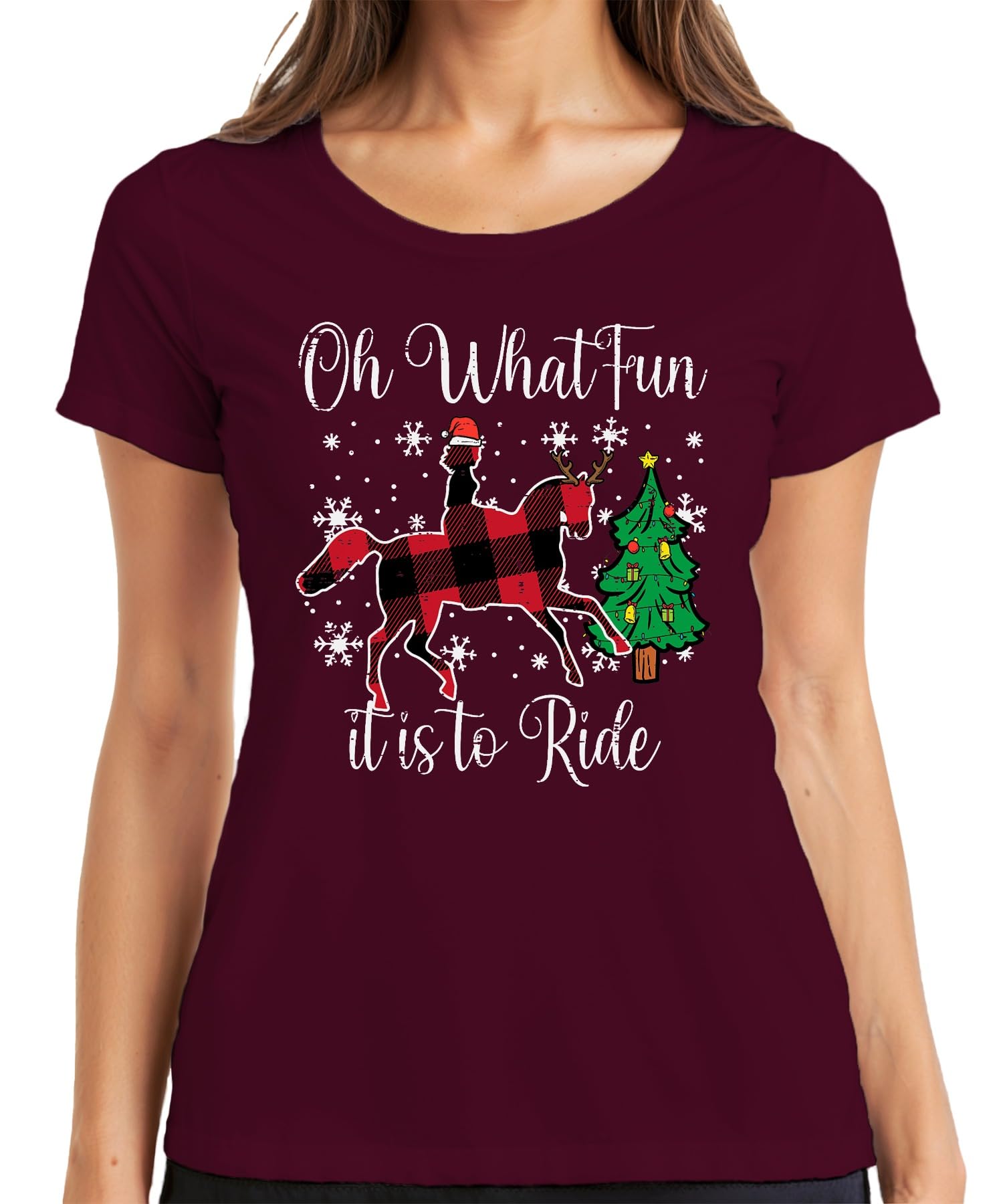 Oh What Fun Tis to Ride Christmas Horse Reindeer Buffalo Plaid Women's T-Shirt, burgundy, XL