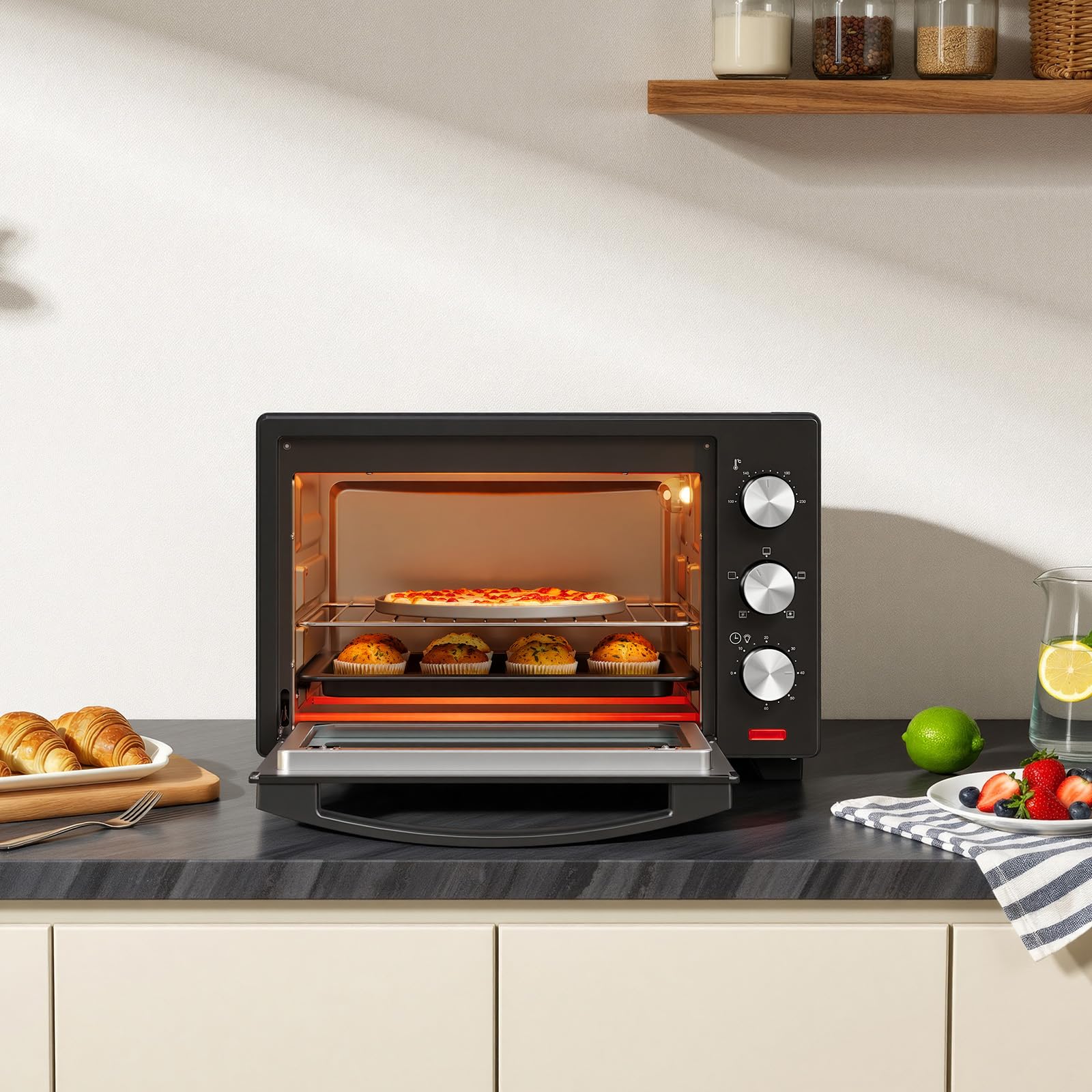 WOLTU Mini Backofen mit Umluft 28 L, Pizzaofen 1600 W, 100-230 °C, Timer 0-60 Min., 3 Heizmodi, inkl. Backblech Grillrost Krümelblech Rostheber, Mini Ofen für Backen Braten Auftauen Erhitzen, Schwarz