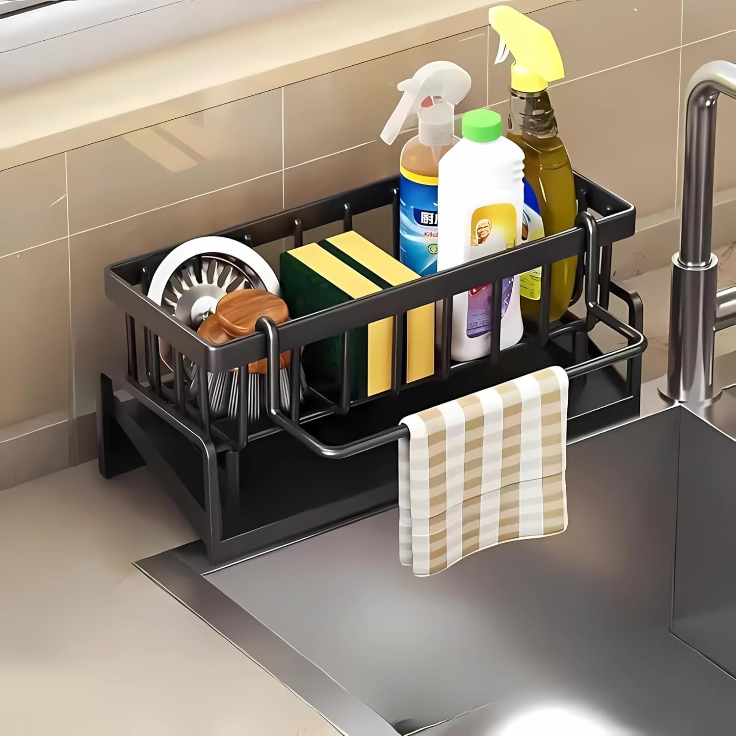 S11 Premium Kitchen Sink Organizer Caddy – Auto-Draining Metal Sponge Holder with Soap Stand, Brush Holder & Towel Bar, Matte Black-image-46