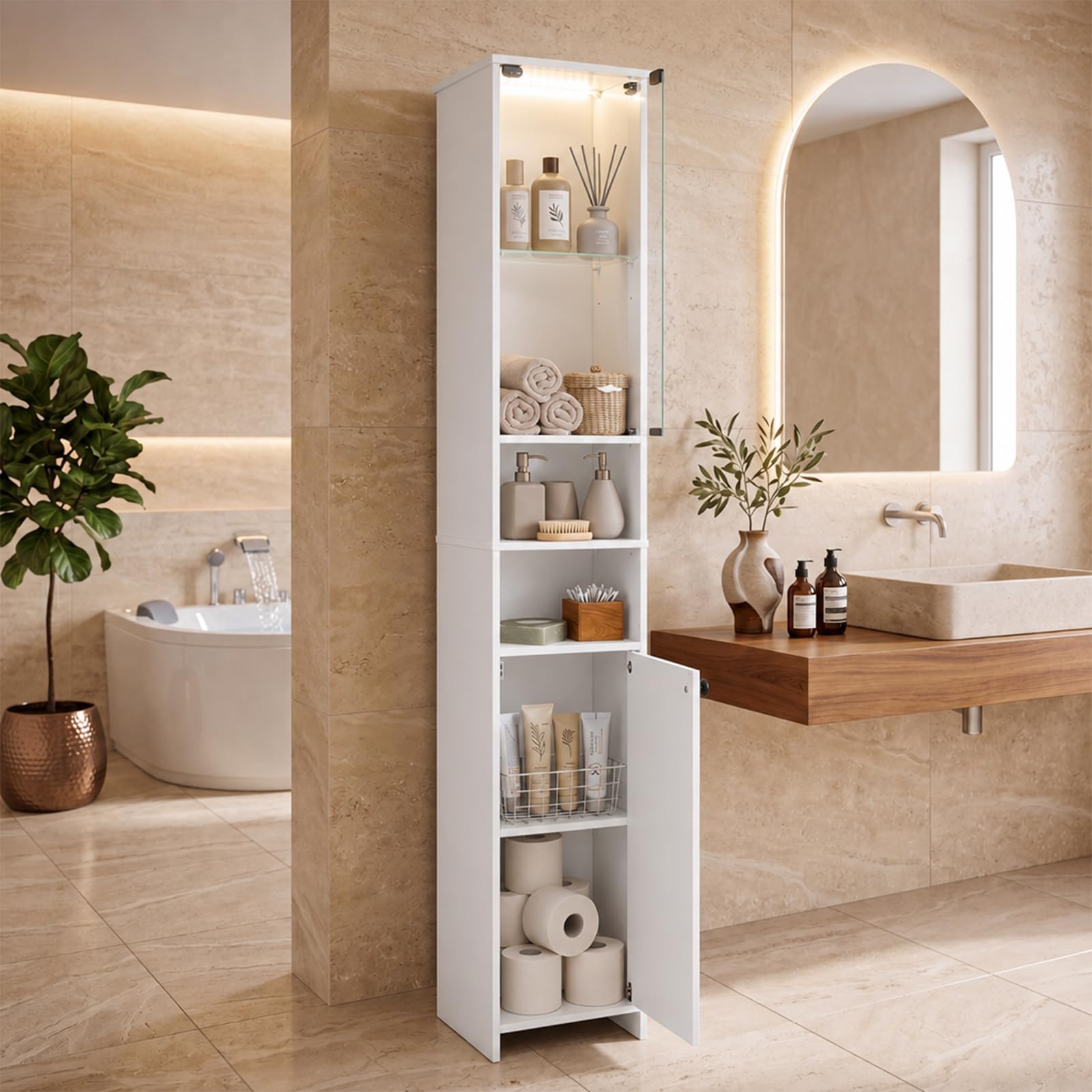 Giantex Mobile Alto da Bagno in Legno con Luci LED, 30 x 30 x 170 cm (Bianco)