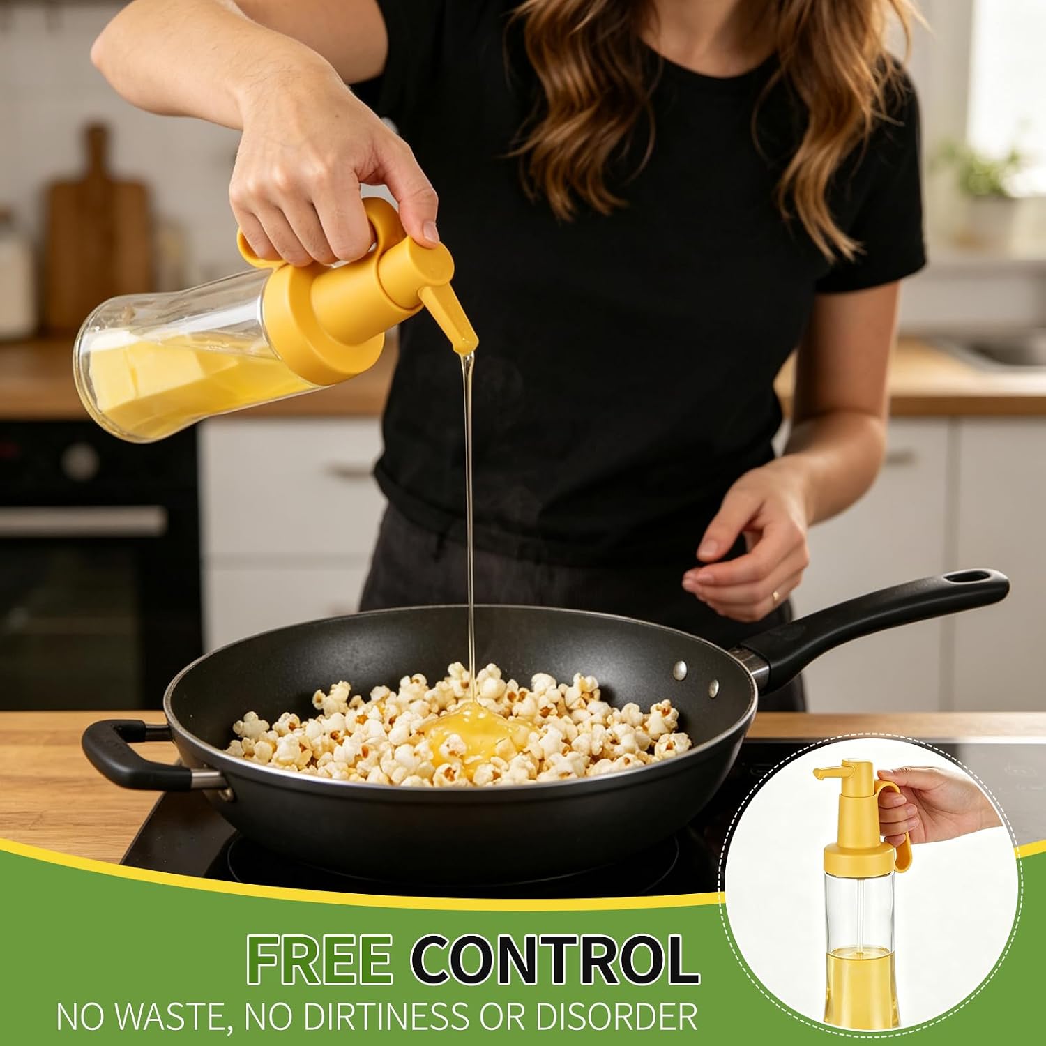 Glass Oil Dispenser, Popcorn Butter Pourer, No-Leak Bright Yellow Kitchen Accessory, Pressing Head Design, Glass Material, Durable and Reusable, Simple to Clean, Easy to Use