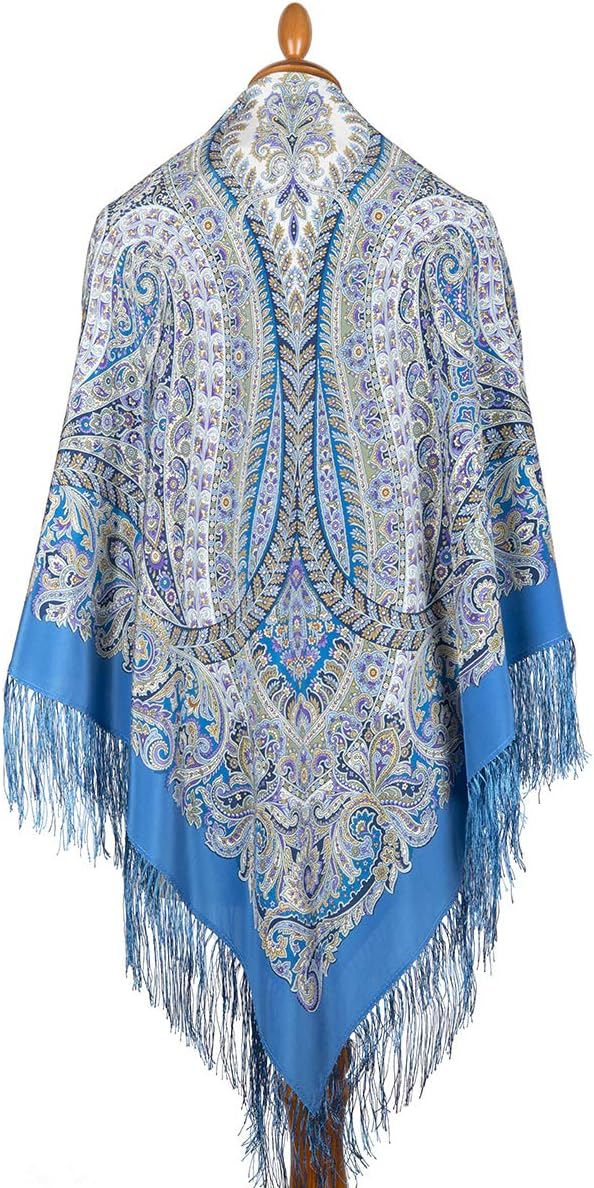 Pavlovo Posad Russian Shawl Natural 100% Mulberry Silk 130x130 cm 51x51 Scarf Silk Tassels Fringe Light Blue Wrap 1867-13