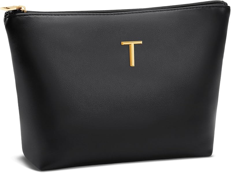 Necessaire de maquiagem CLOUDWINGS com inicial, preta, em couro sintético, para viagem