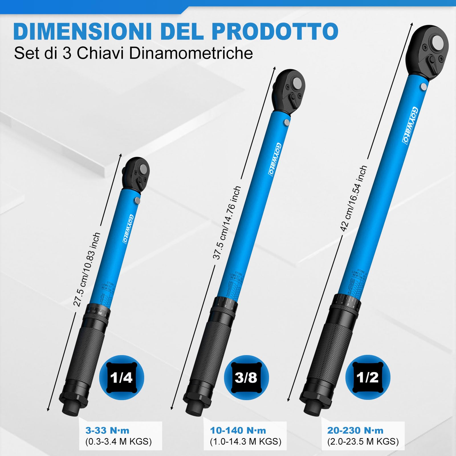Set di Chiave Dinamometrica con 1/4" 3/8" 1/2", 3-230N·m, 72 Denti | Chiavi Dinamometriche con Precisione ±3%, Doppia Scala, Valigetta, per Moto Bici Auto Camion Bulloni Lavori Meccanici