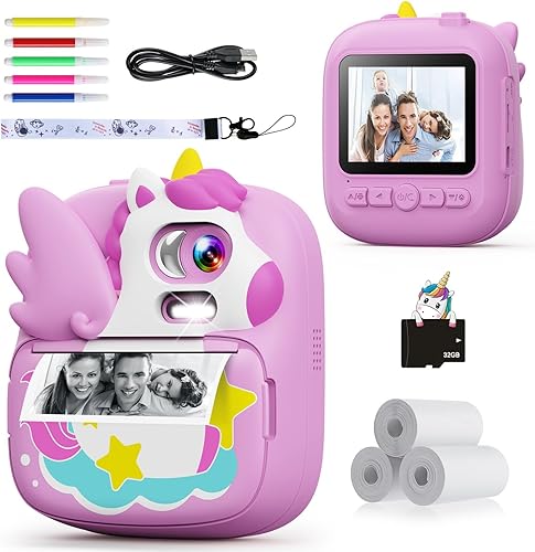 Cámara para niños, impresión instantánea, cámara instantánea de 12 MP y 1080P para niños con tarjeta 32G y papel de impresión, cámara de video