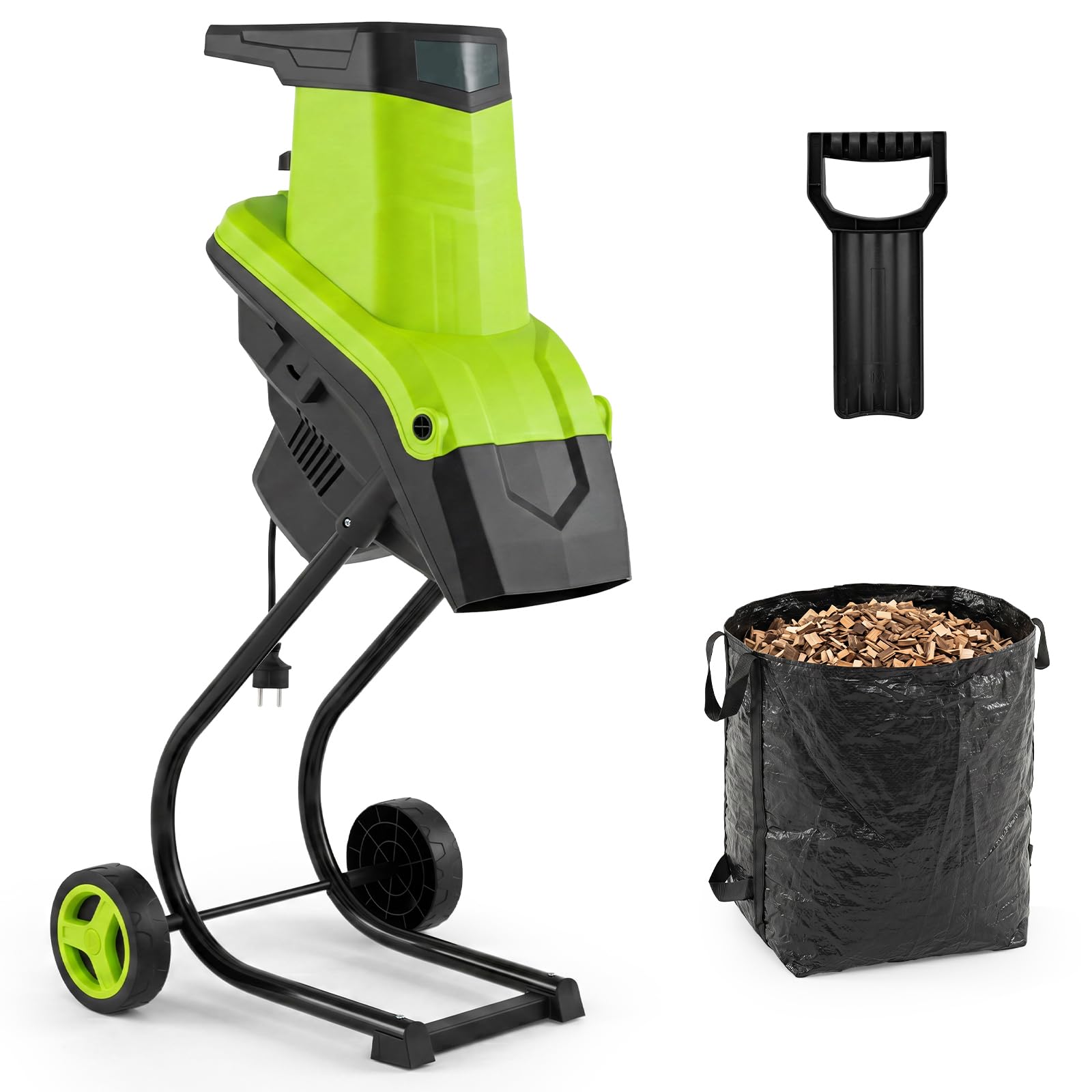 HOMASIS Trituradora de Ramas para Jardín, 2500 W Biotrituradora Eléctrica con Ruedas, Diámetro de Corte de 45 mm, Relación de Reducción 21:1, Bolsa de Recogida de 50 L y Paleta de Empuje (Verde)