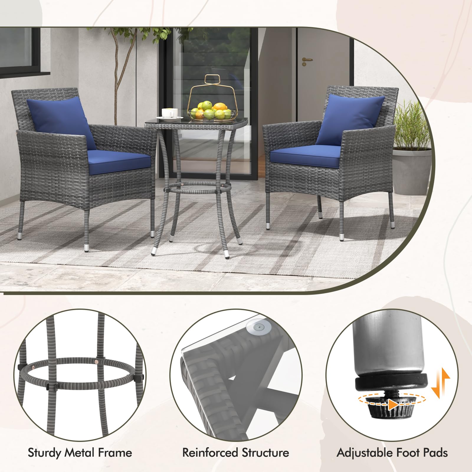 DORTALA Wicker Patio Furniture Set 3 Piece, Small Outdoor Table & Chairs with Tempered Glass Tabletop, Cushions, Rattan Conversation Bistro Set for Balcony, Porch, Backyard, Deck, Mix Gray+Navy - 5